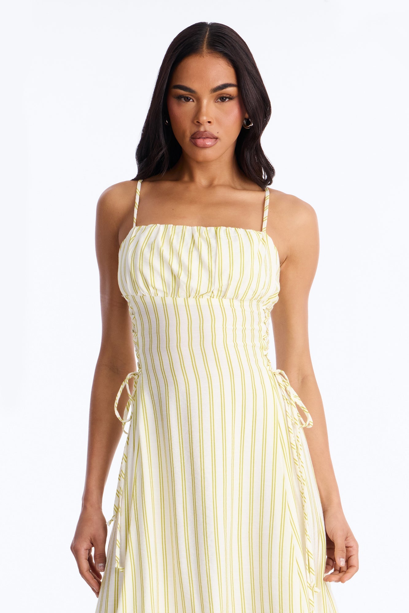 Claire Lace Up Pinstripe Midi Dress - Sage/combo Fashion Nova