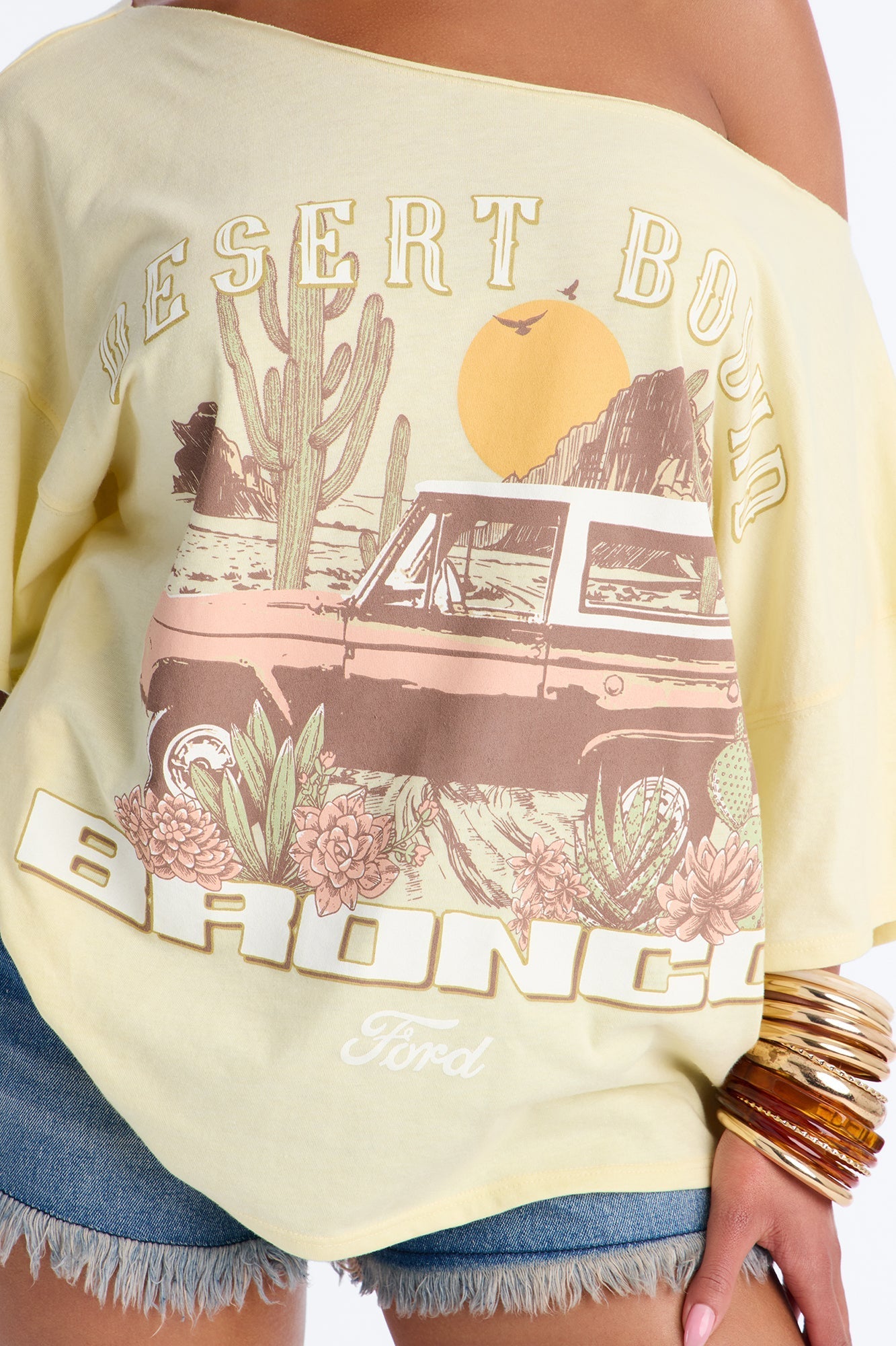 Bronco Off Shoulder Cropped Tee - Butter Yellow Fashion Nova