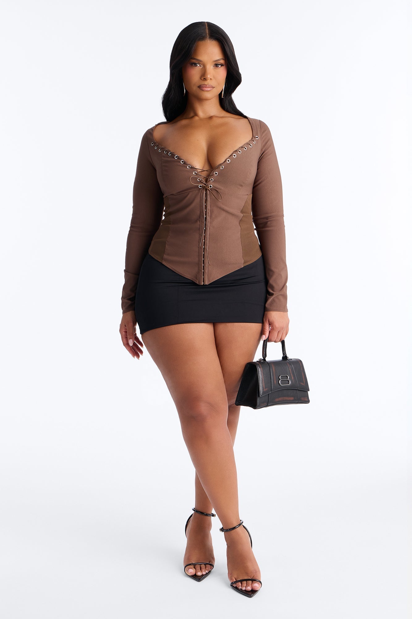 Janet Lace Up Corset Long Sleeve Top - Chocolate Fashion Nova
