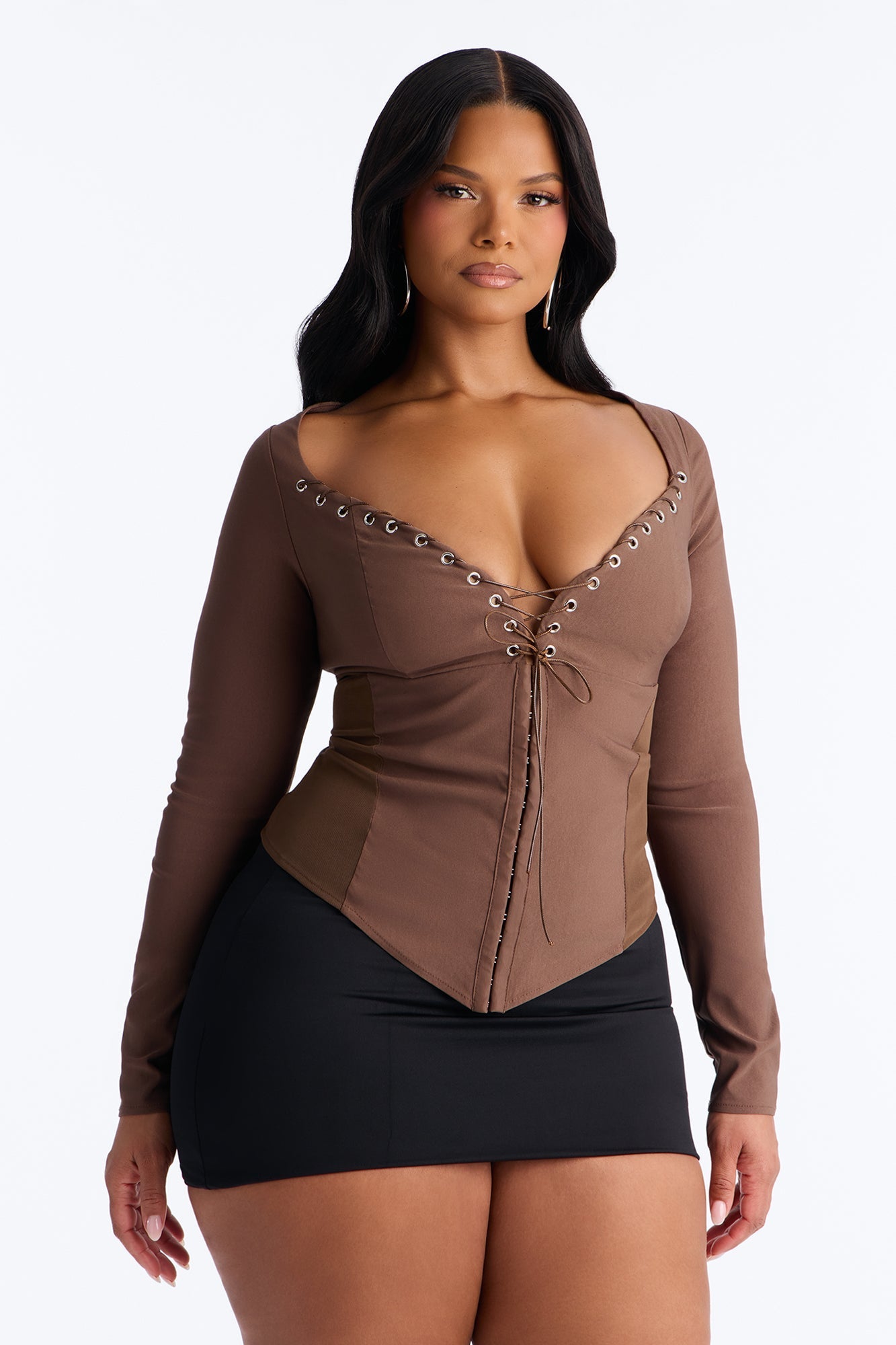 Janet Lace Up Corset Long Sleeve Top - Chocolate Fashion Nova