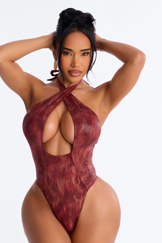 Keep Me Close Halter Neck 1 Piece Swimsuit - Brown/combo Fashion Nova