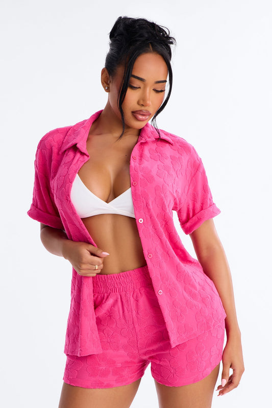 Cristal Textured Swim Cover Up Short Set - Fuchsia Fashion Nova