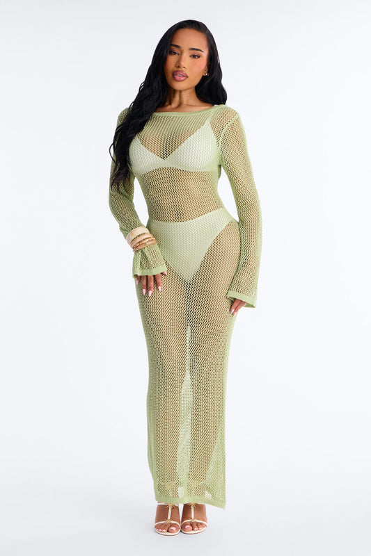 Coastal Veil Crochet Cover Up Bell Sleeve Dress - Sage Fashion Nova