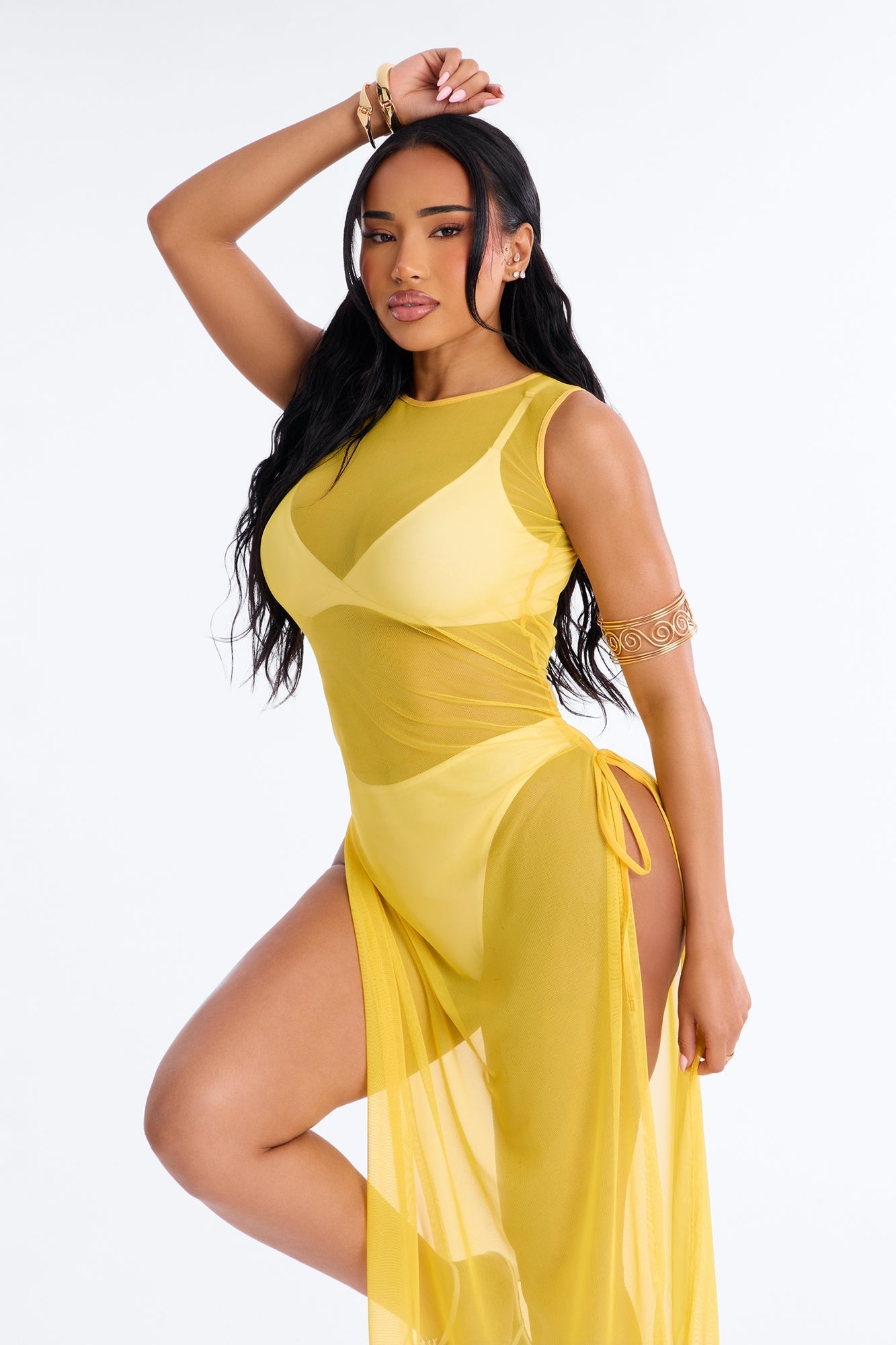 Sheer Thing Mesh Swim Cover Up Dress - Mustard Fashion Nova