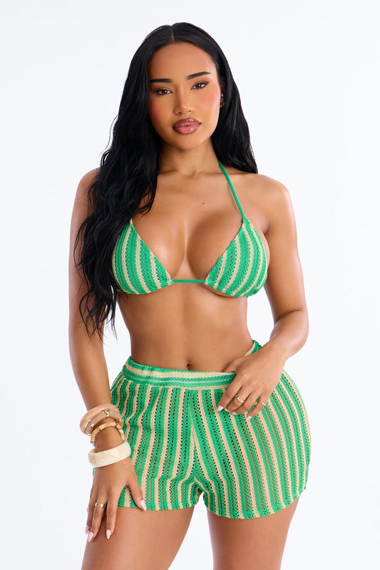 Krissy Pinstripe 3 Piece Bikini Short Set - Green Fashion Nova