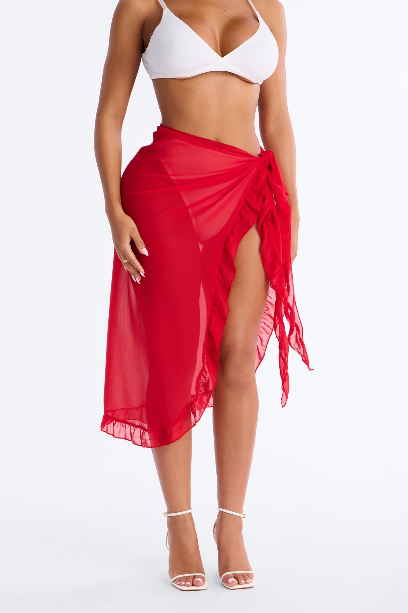 Beach Vibes Maxi Ruffle Trim Waist Tie Swim Cover Up Sarong - Red Fashion Nova