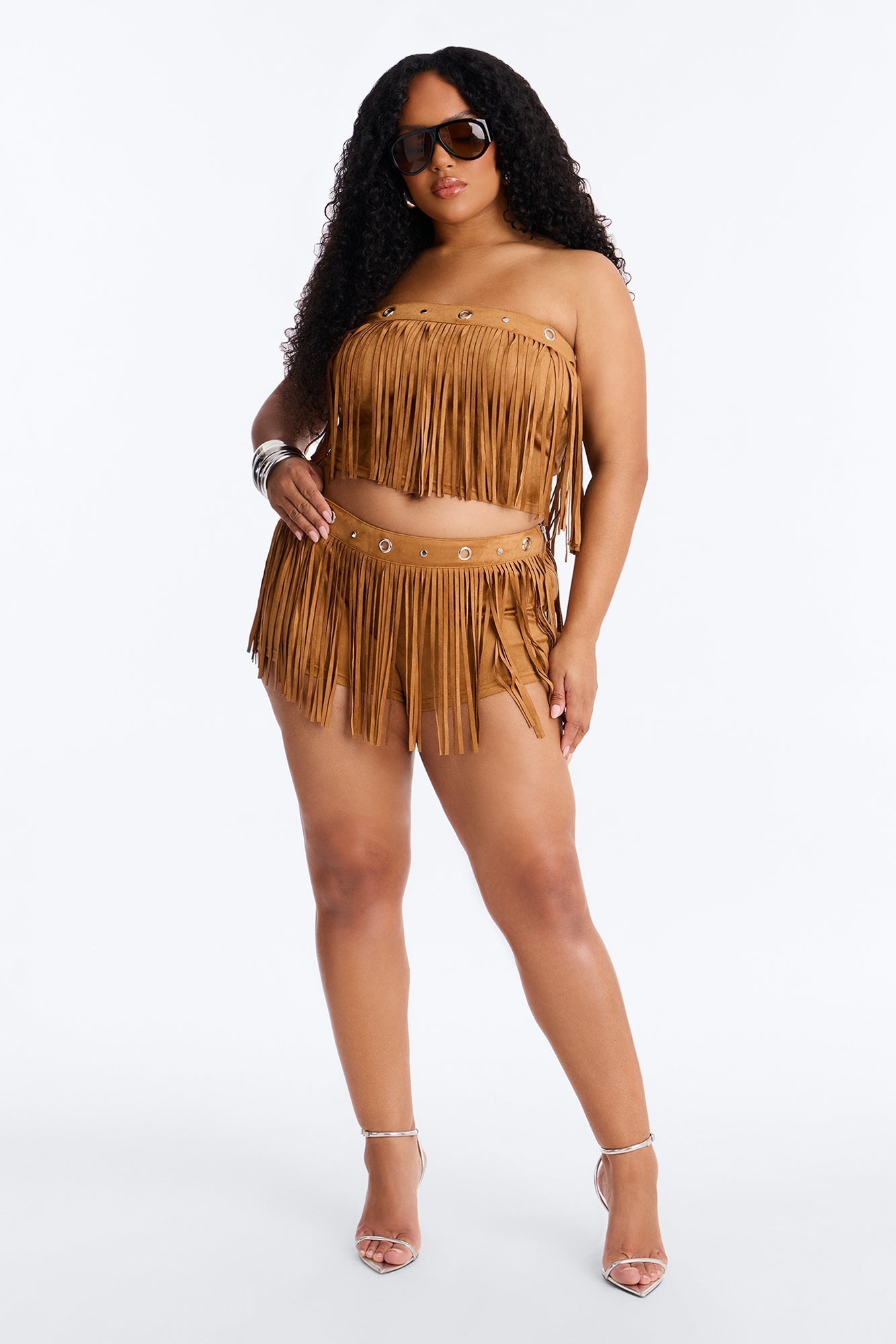 See My Swag Faux Suede Fringe Short Set - Cognac Fashion Nova