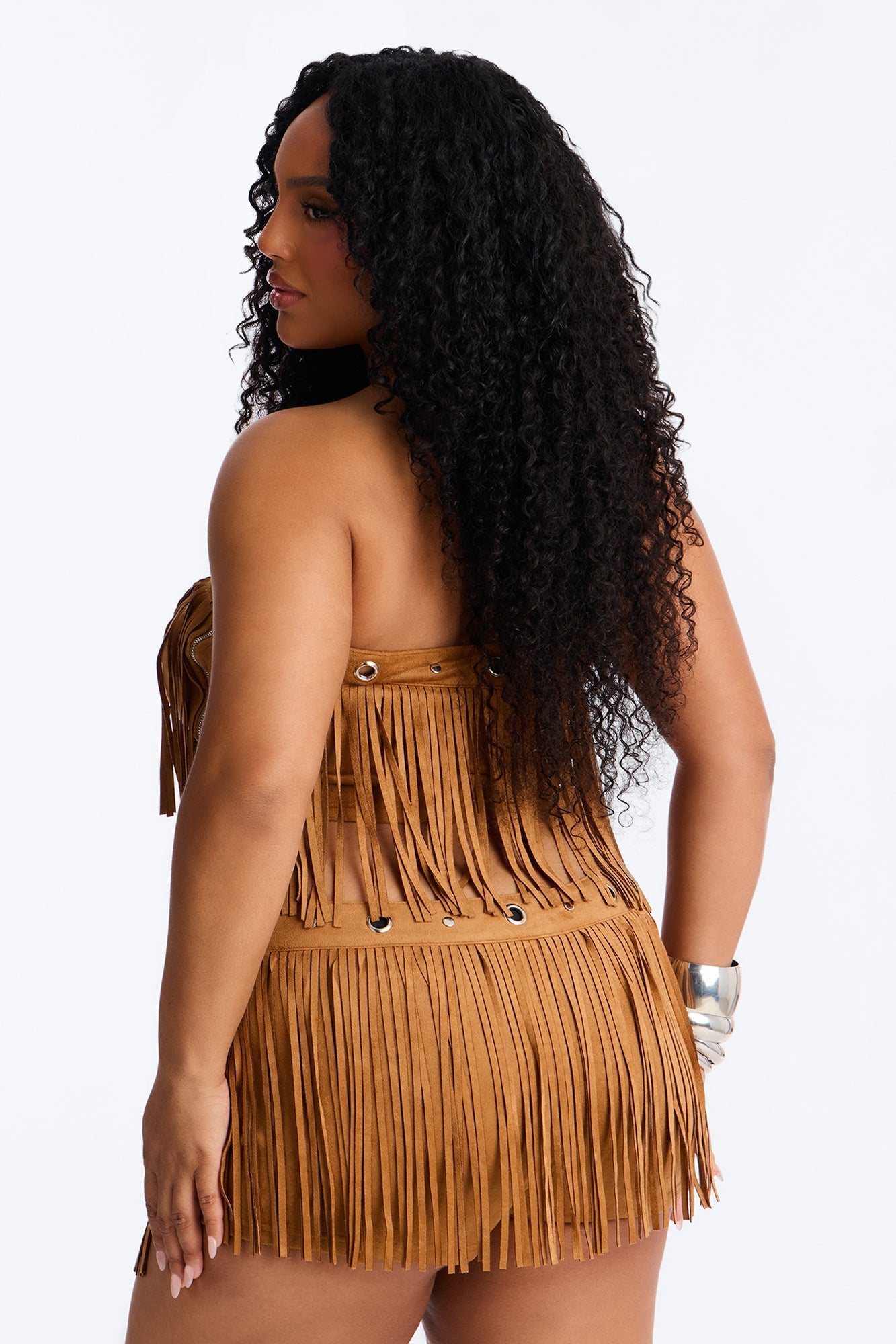 See My Swag Faux Suede Fringe Short Set - Cognac Fashion Nova