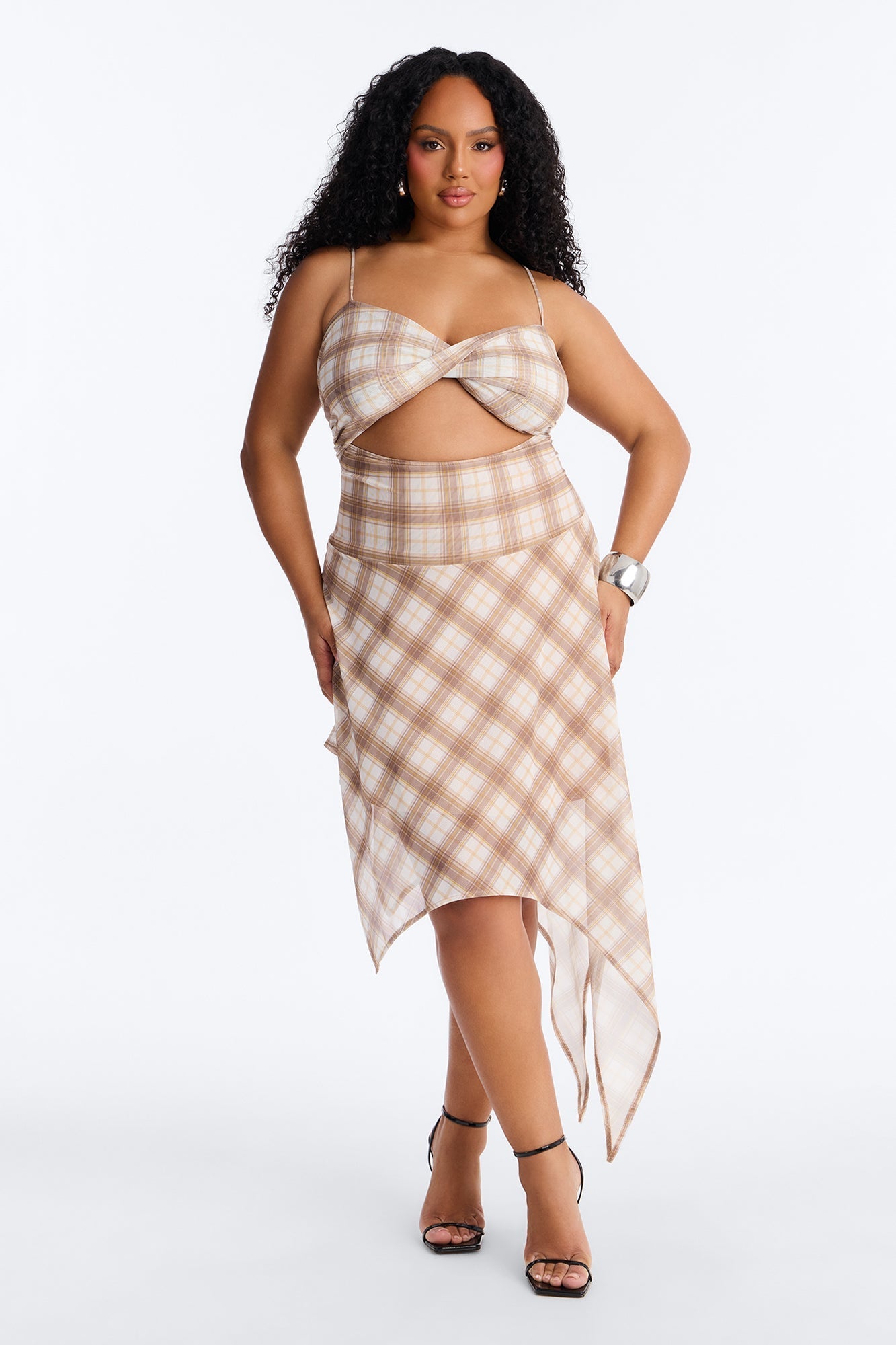 Preppy Plaid Mesh Cutie Midi Dress - Taupe/combo Fashion Nova