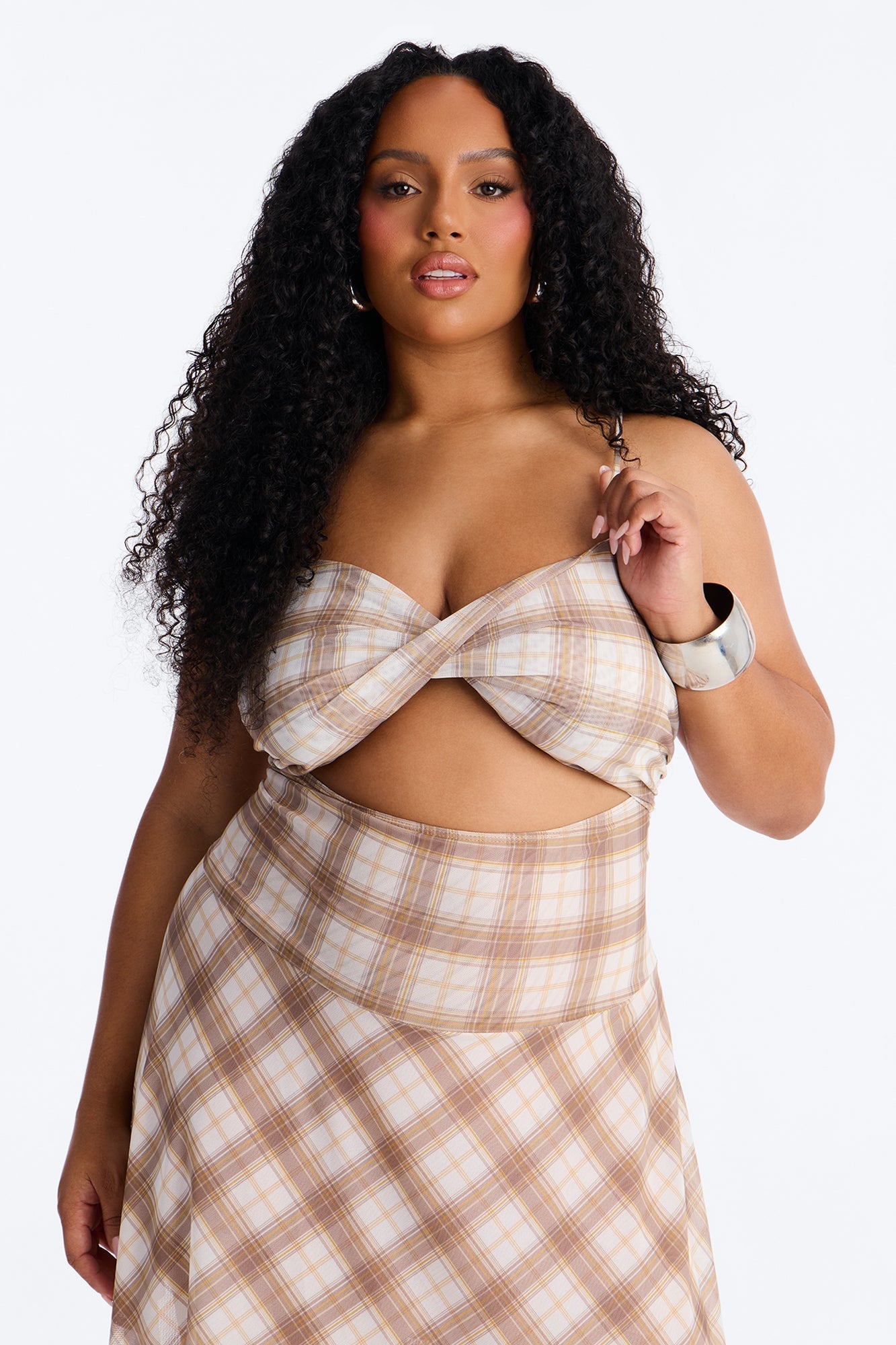 Preppy Plaid Mesh Cutie Midi Dress - Taupe/combo Fashion Nova