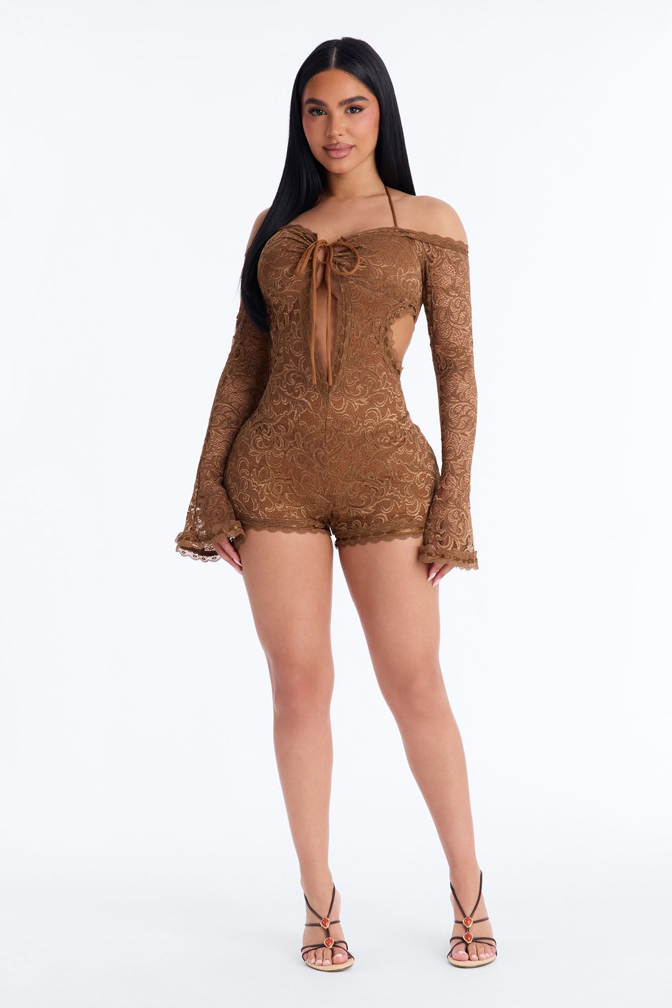 Tiana Lace Cut Out Micro Romper - Mocha