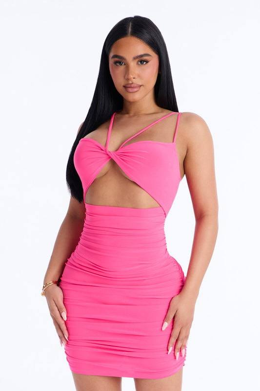 Aleah Cut Out Ruched Midi Dress - Neon Pink