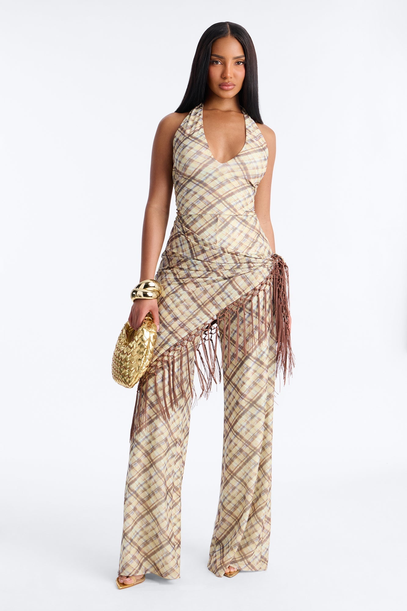 Ava Mesh Plaid Waist Scarf Jumpsuit - Brown Fashion Nova