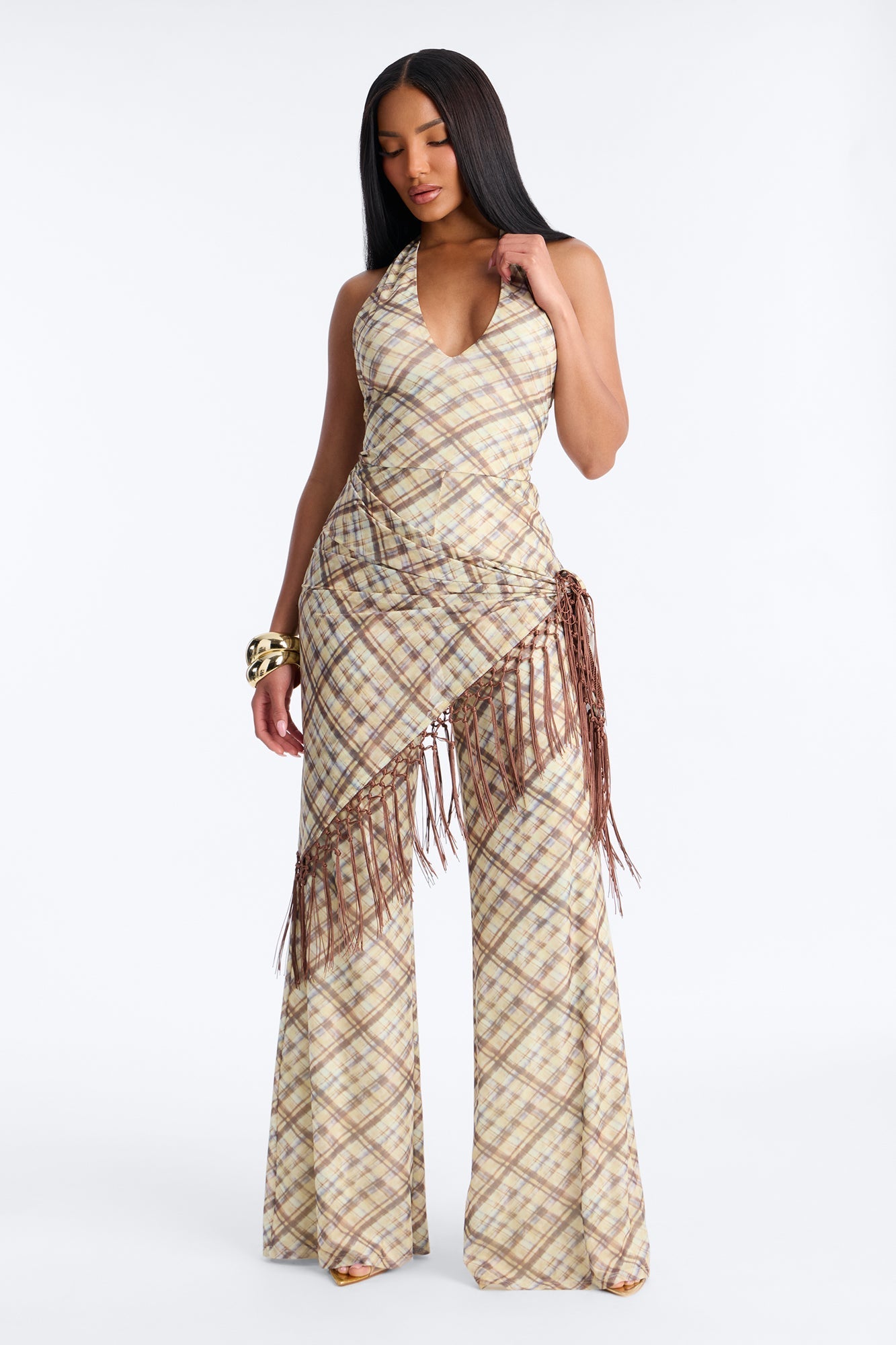 Ava Mesh Plaid Waist Scarf Jumpsuit - Brown Fashion Nova