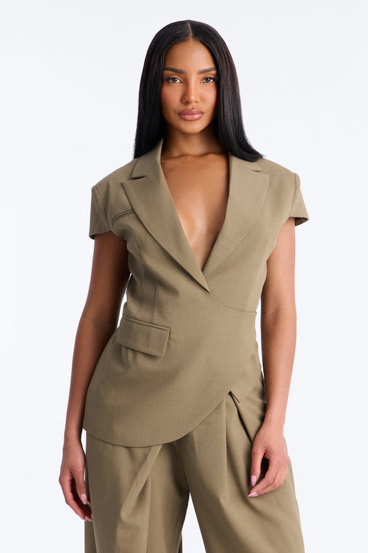 Tiana Belted Cap Sleeve Fitted Blazer - Caffe Fashion Nova