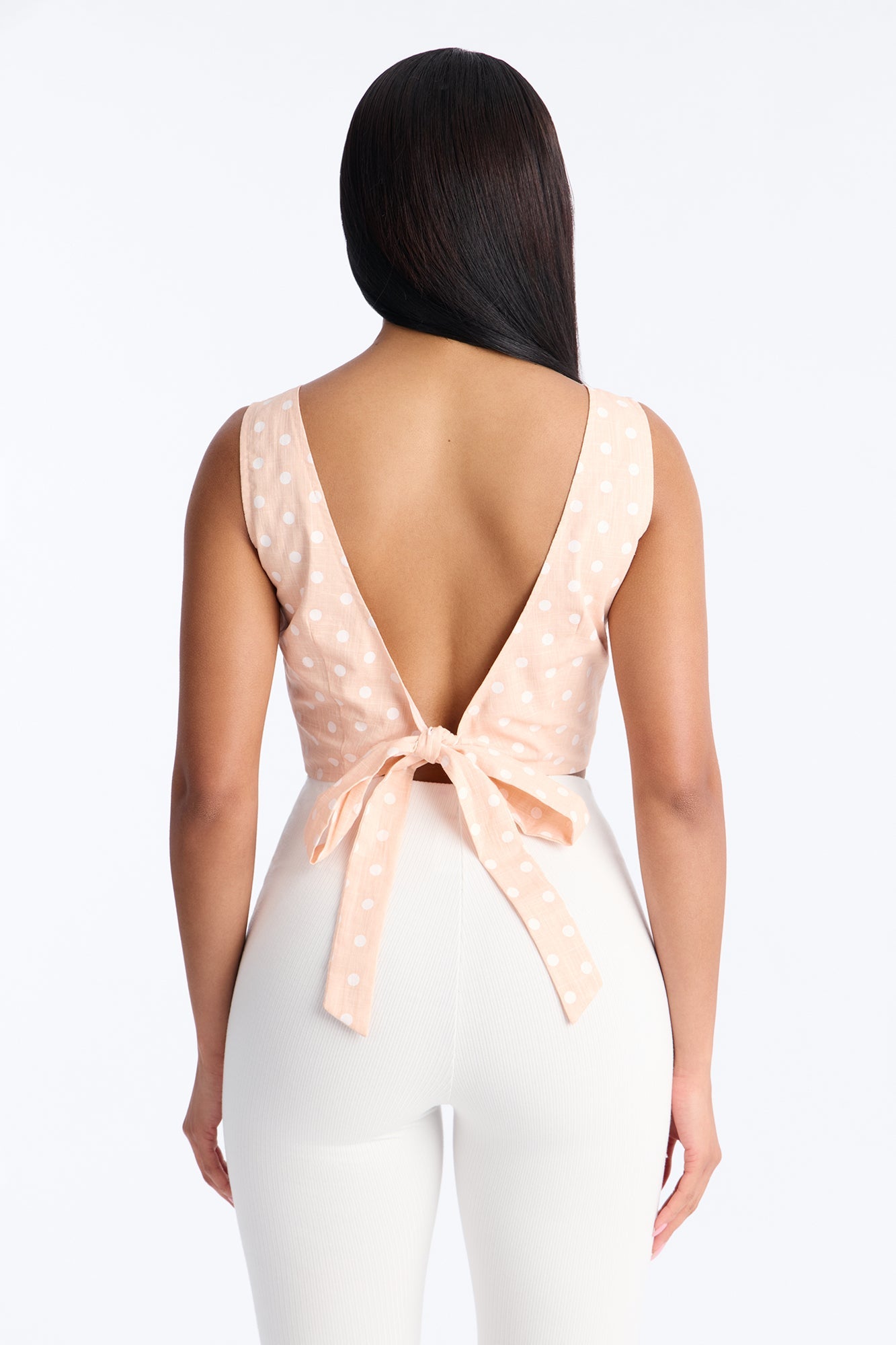 On The Cute Side Polka Dot Cropped Linen Top - Peach/combo Fashion Nova