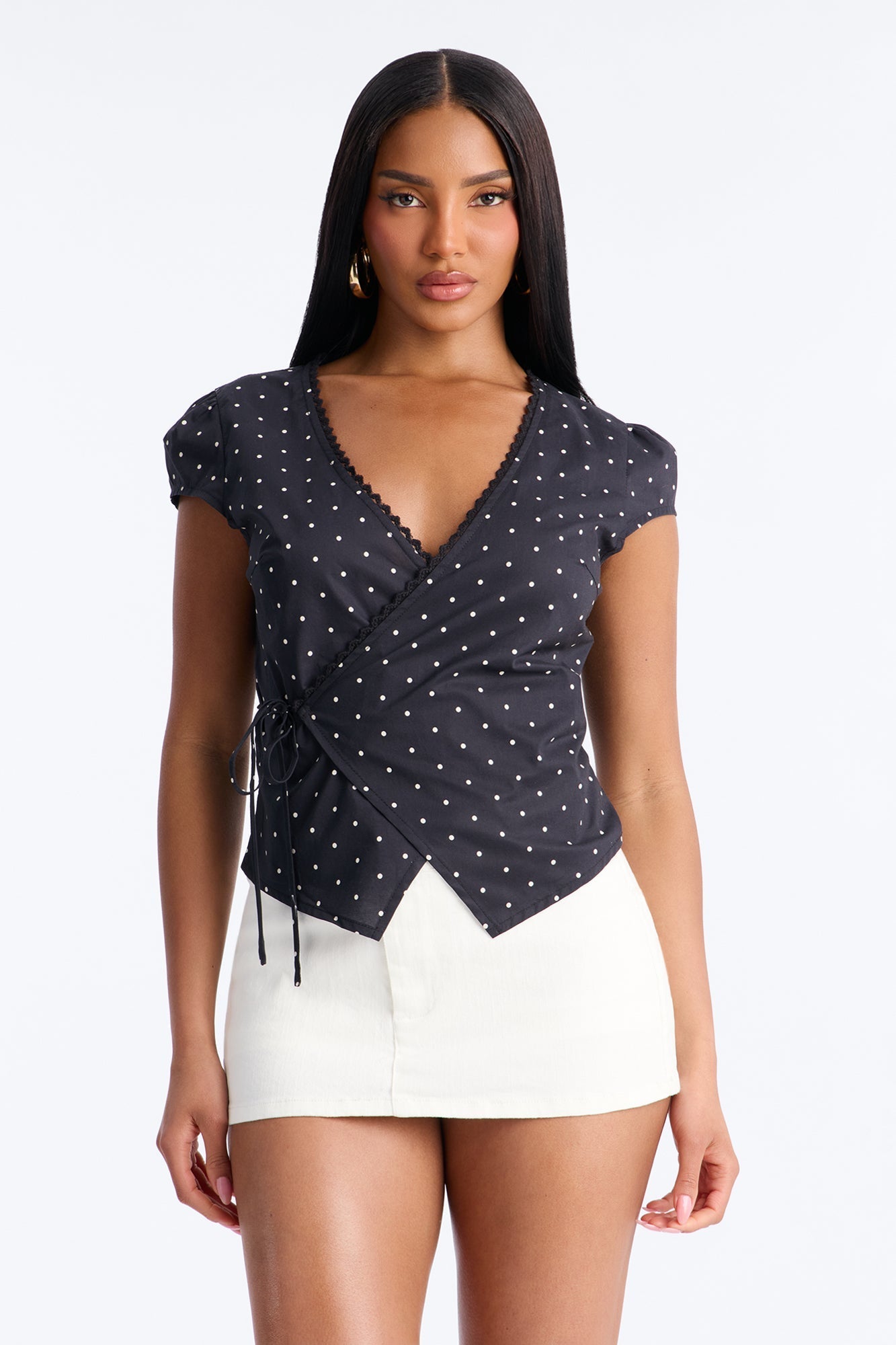 Adeline Surplice Neck Polka Dot Top - Black/combo Fashion Nova