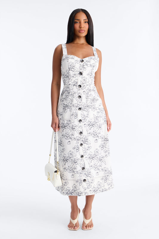 Carla Floral Denim Midi Dress - White/Black Fashion Nova