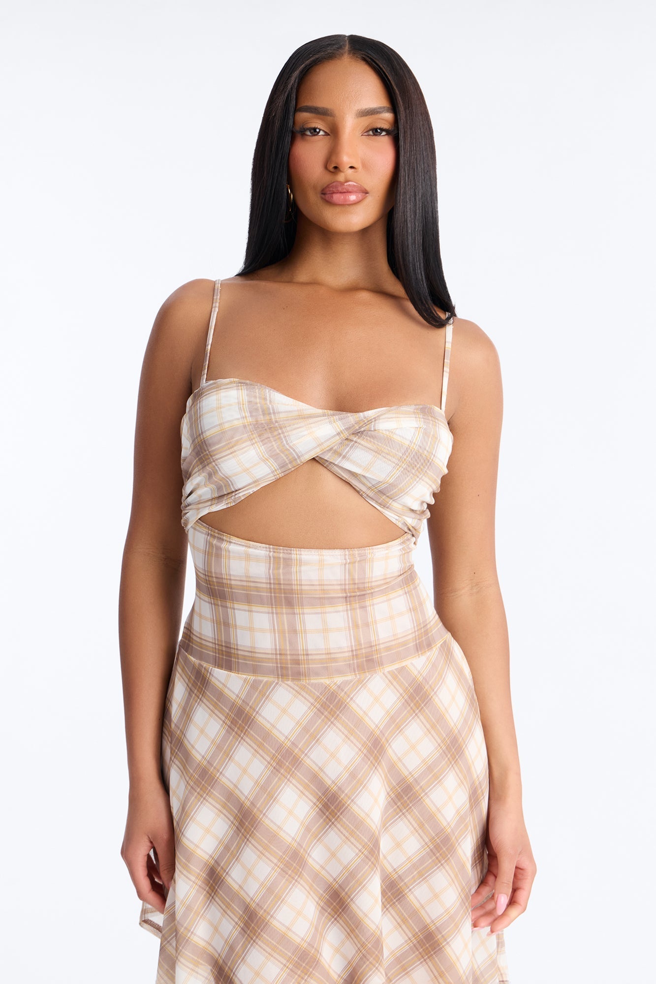 Preppy Plaid Mesh Cutie Midi Dress - Taupe/combo Fashion Nova