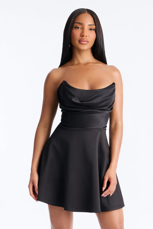 Playful Satin Strapless Mini Dress - Black Fashion Nova