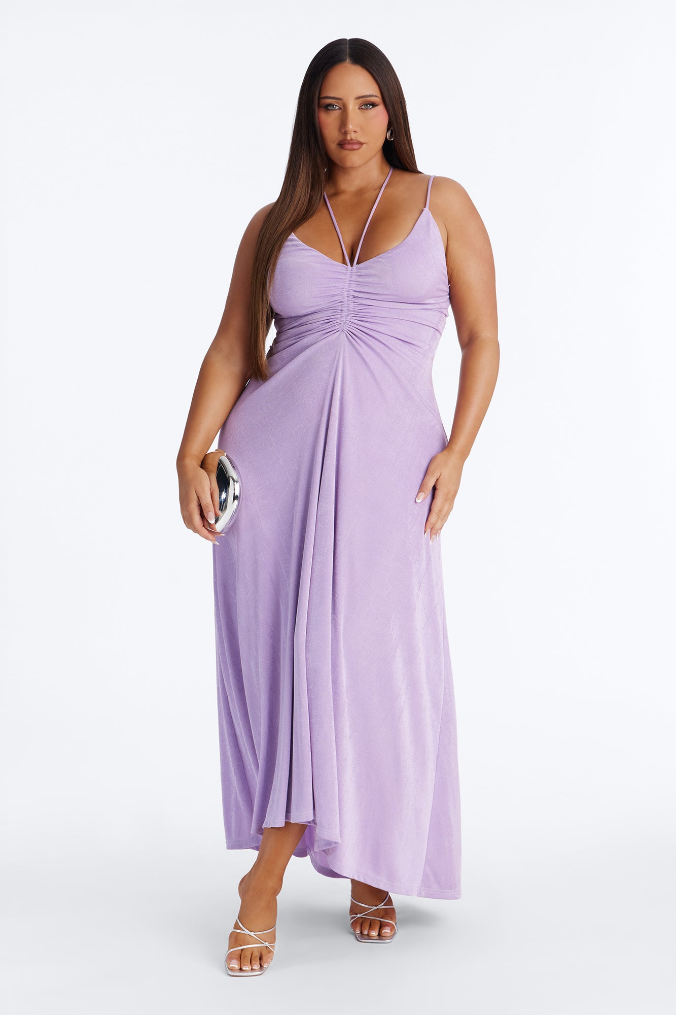 Bobbi Ruched Slinky Maxi Dress - Lavender