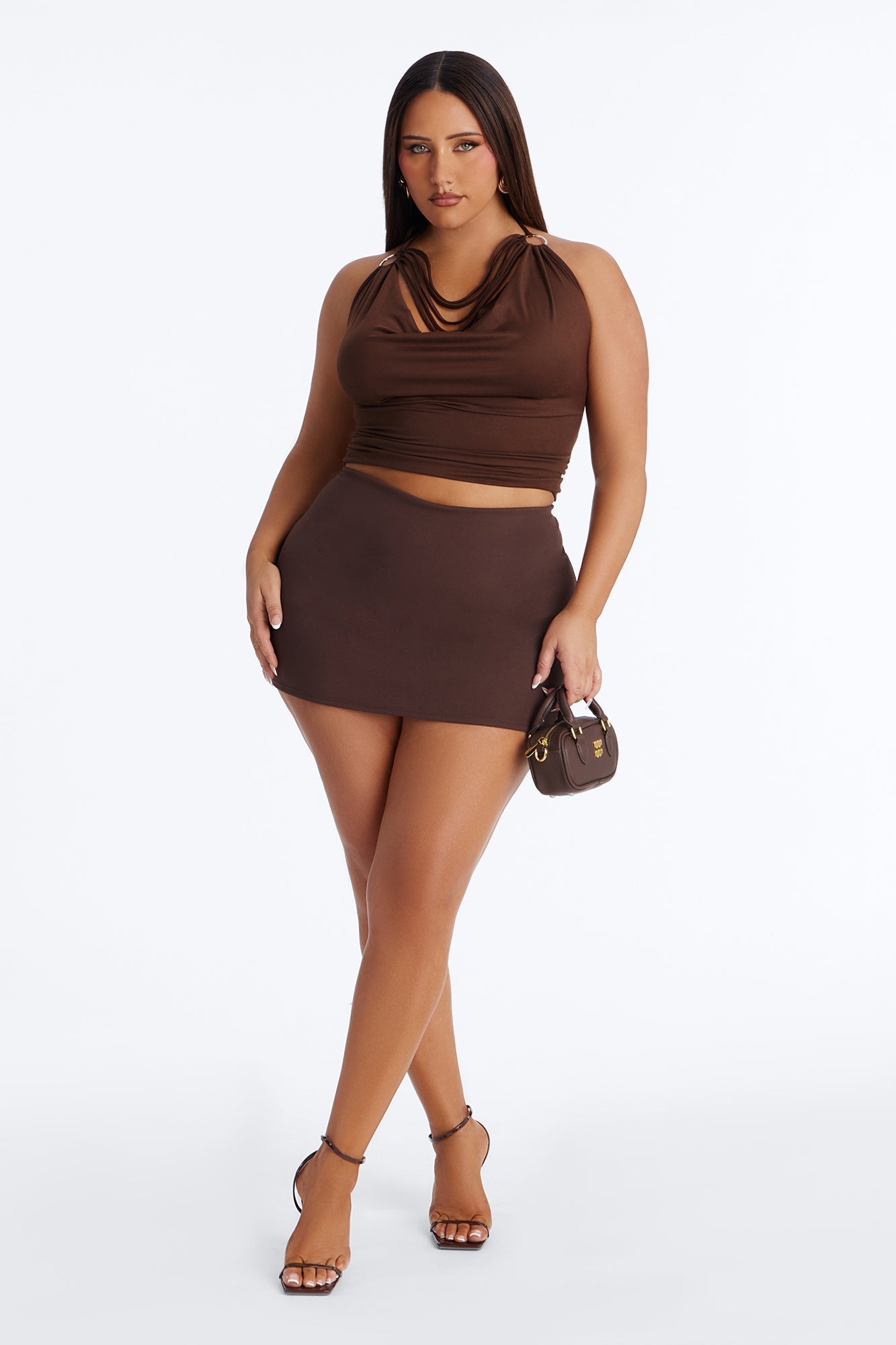 Party All Night Fringe Cowl Neck Halter Top - Chocolate Fashion Nova