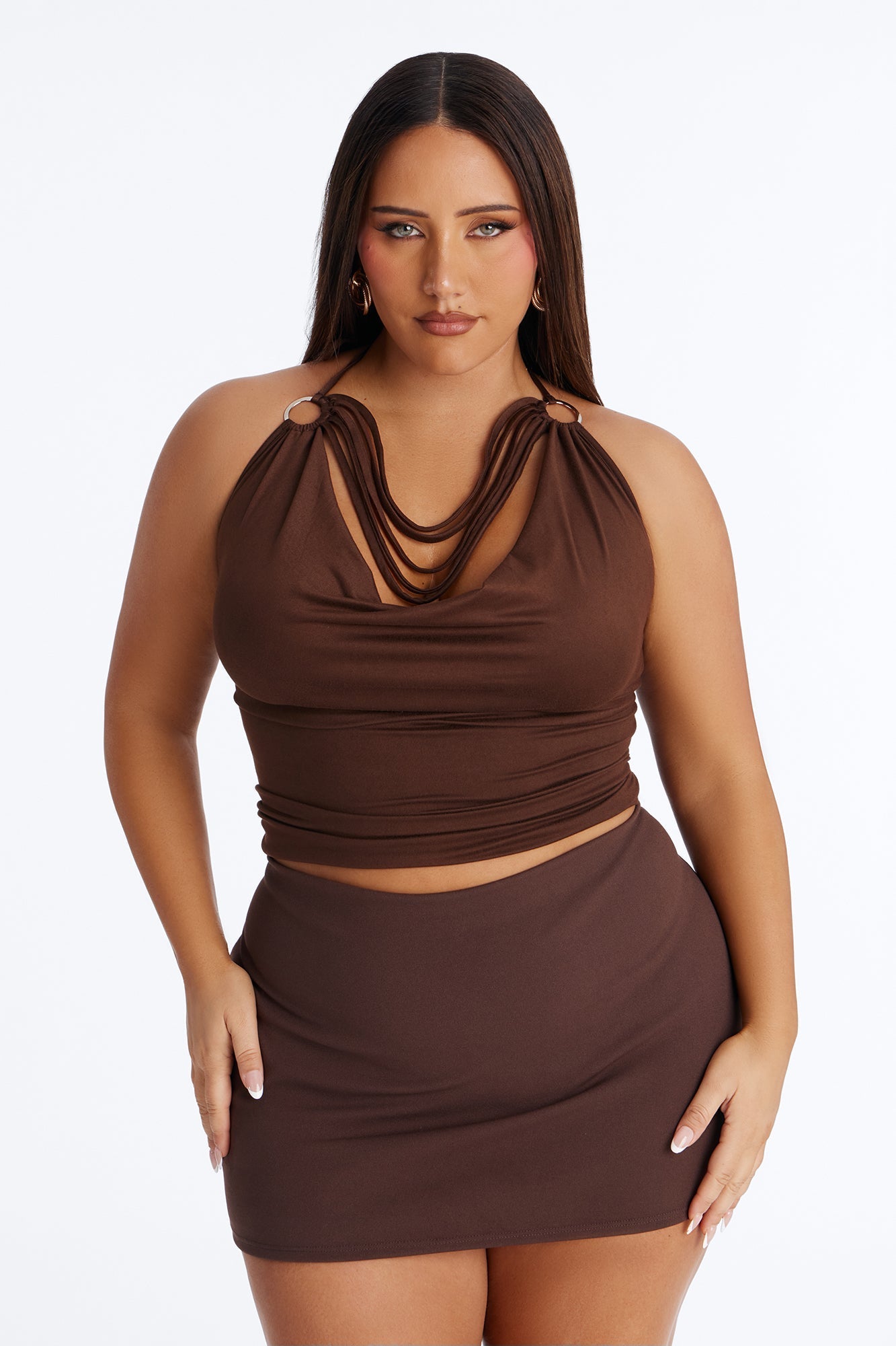 Party All Night Fringe Cowl Neck Halter Top - Chocolate Fashion Nova