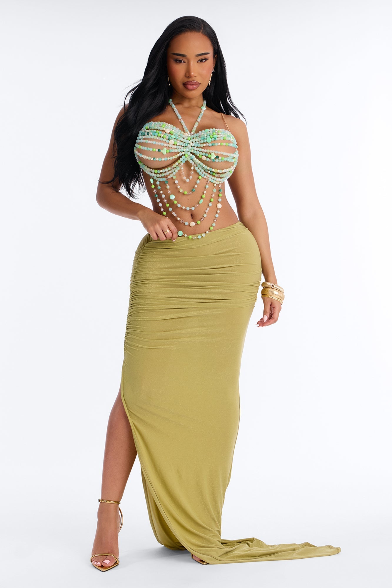 Lilou Beaded Bandeau Bra Top - Green/combo Fashion Nova