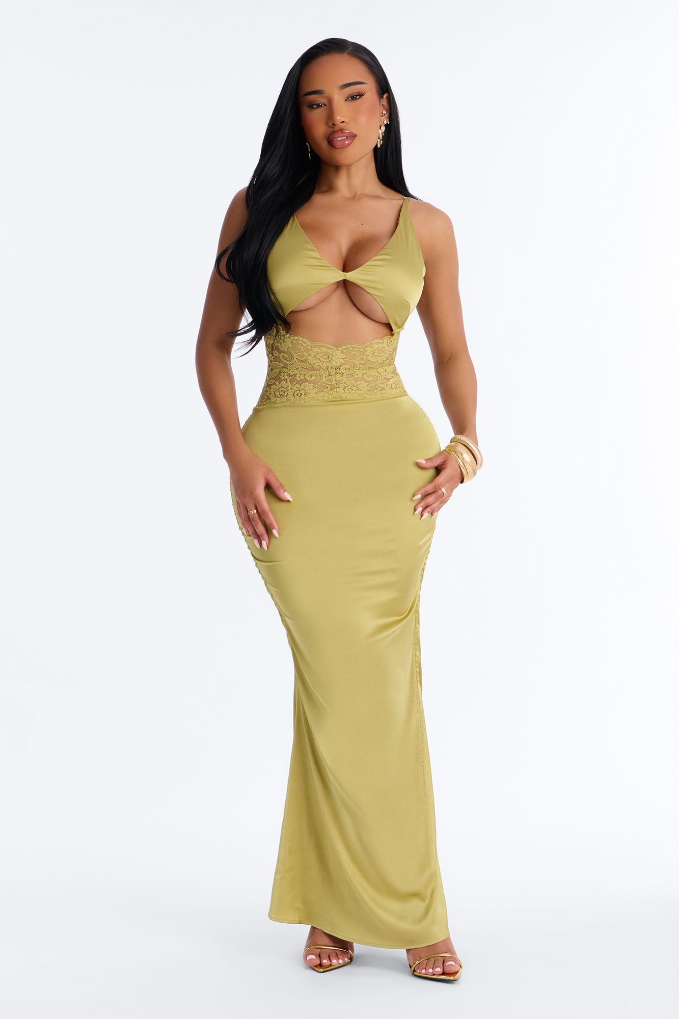 Jessica Lace Cut Out Satin Maxi Dress - Chartreuse Fashion Nova