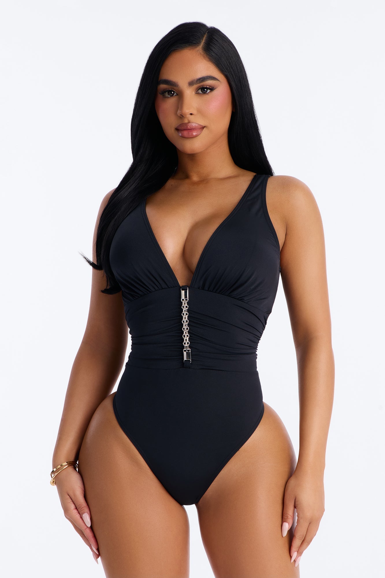 Shore Walks Ruching Hardware 1 Piece Swimsuit - Black Fashion Nova