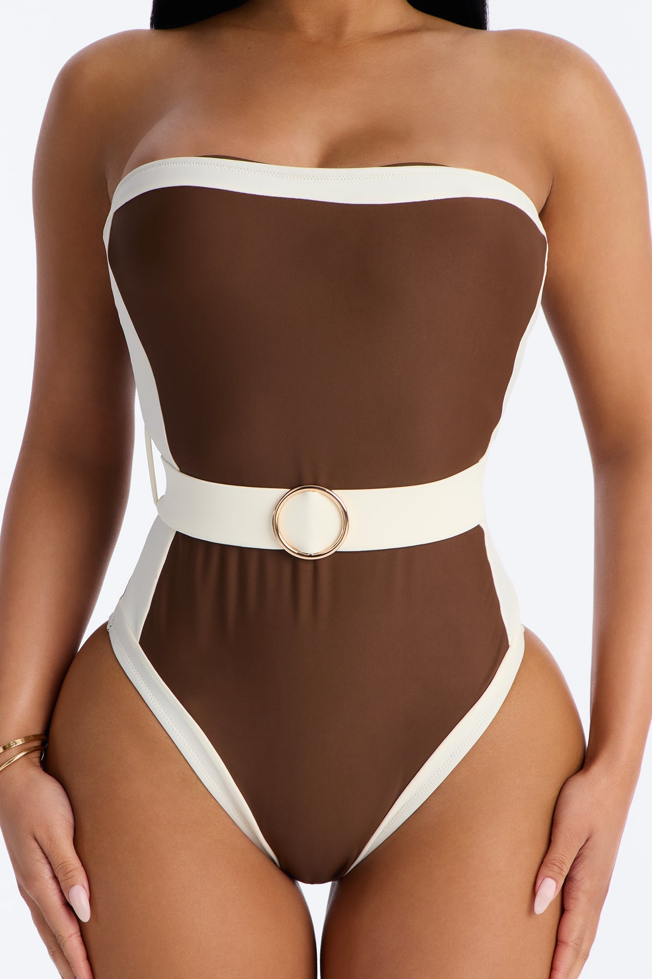 Sunny Days Colorblock Hardware Strapless 1 Piece Swimsuit - Brown/combo Fashion Nova