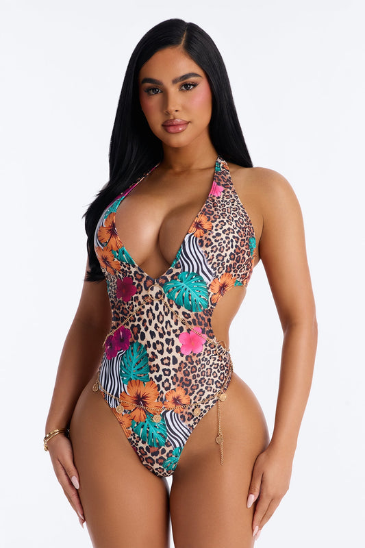 Kira Floral Leopard Scoop 1 Piece Swimsuit - Brown/combo Fashion Nova