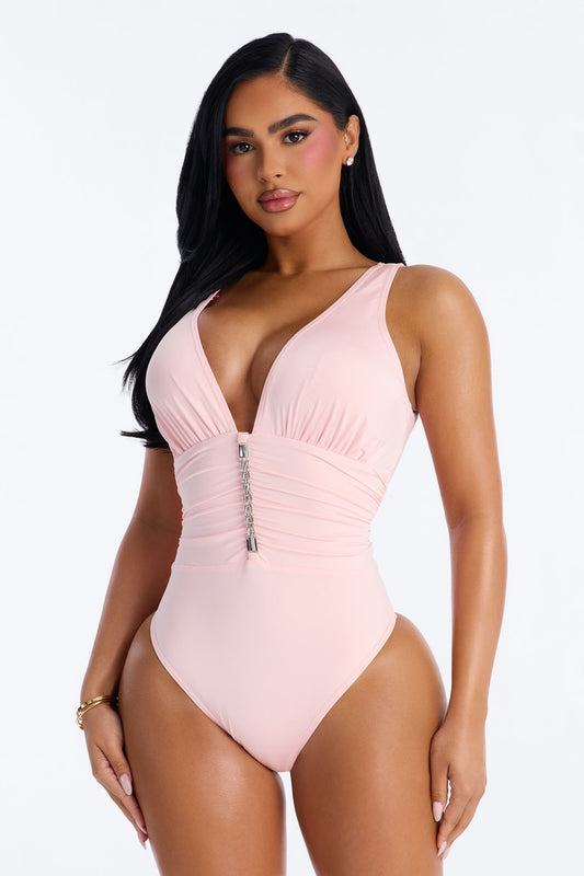 Shore Walks Ruching Hardware 1 Piece Swimsuit - Light Pink Fashion Nova