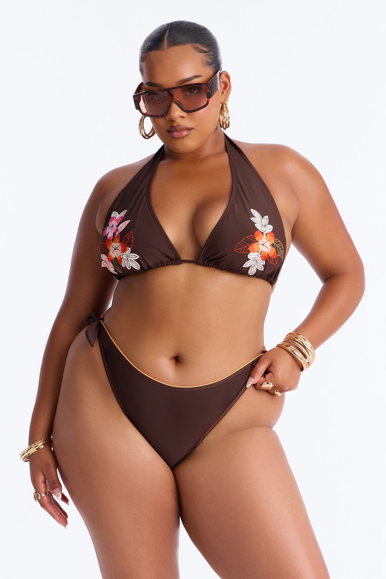 Danielle Knot Embroidered Floral Fixed Triangle 2 Piece Bikini - Dark Brown Fashion Nova