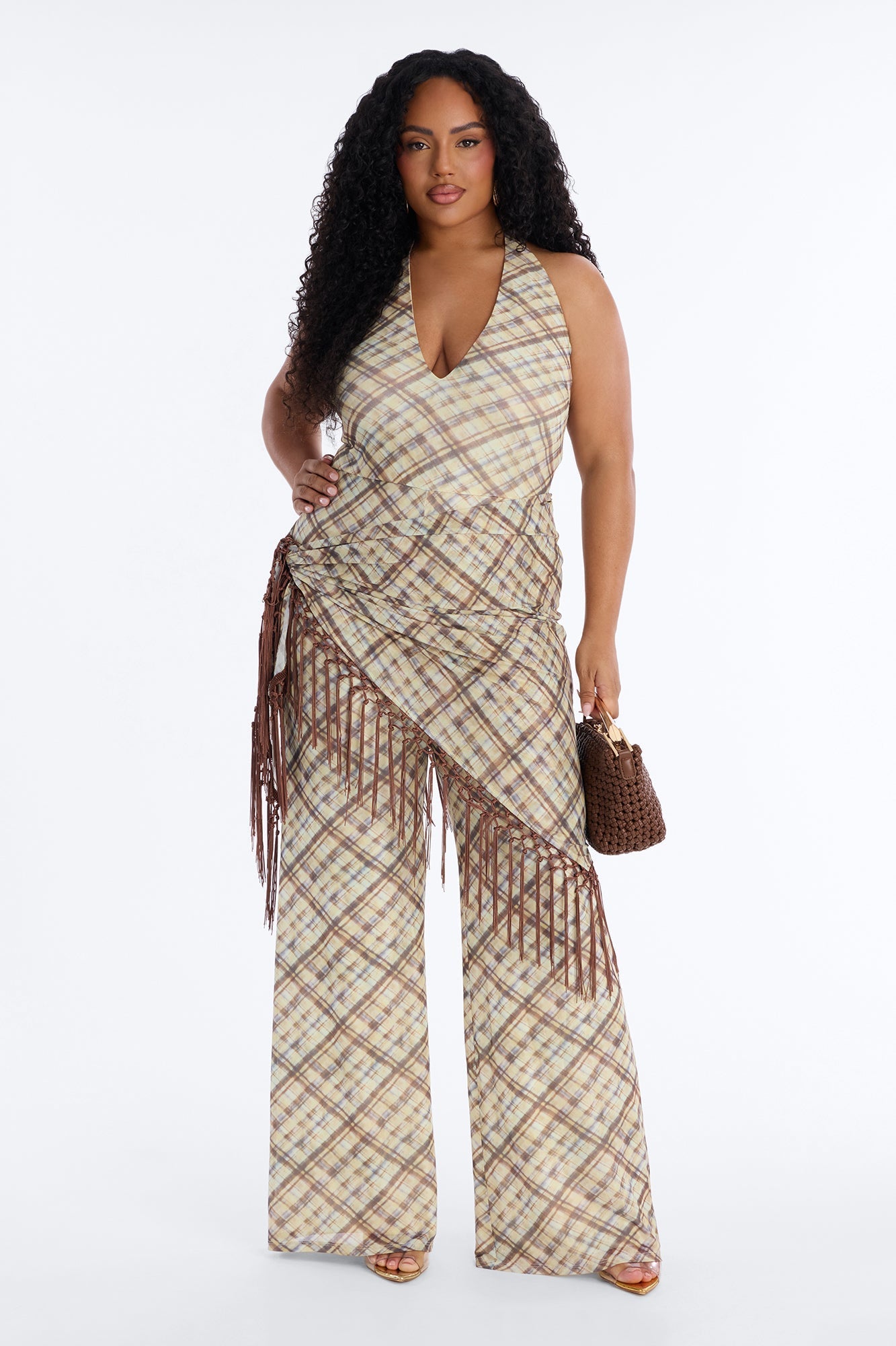 Ava Mesh Plaid Waist Scarf Jumpsuit - Brown Fashion Nova