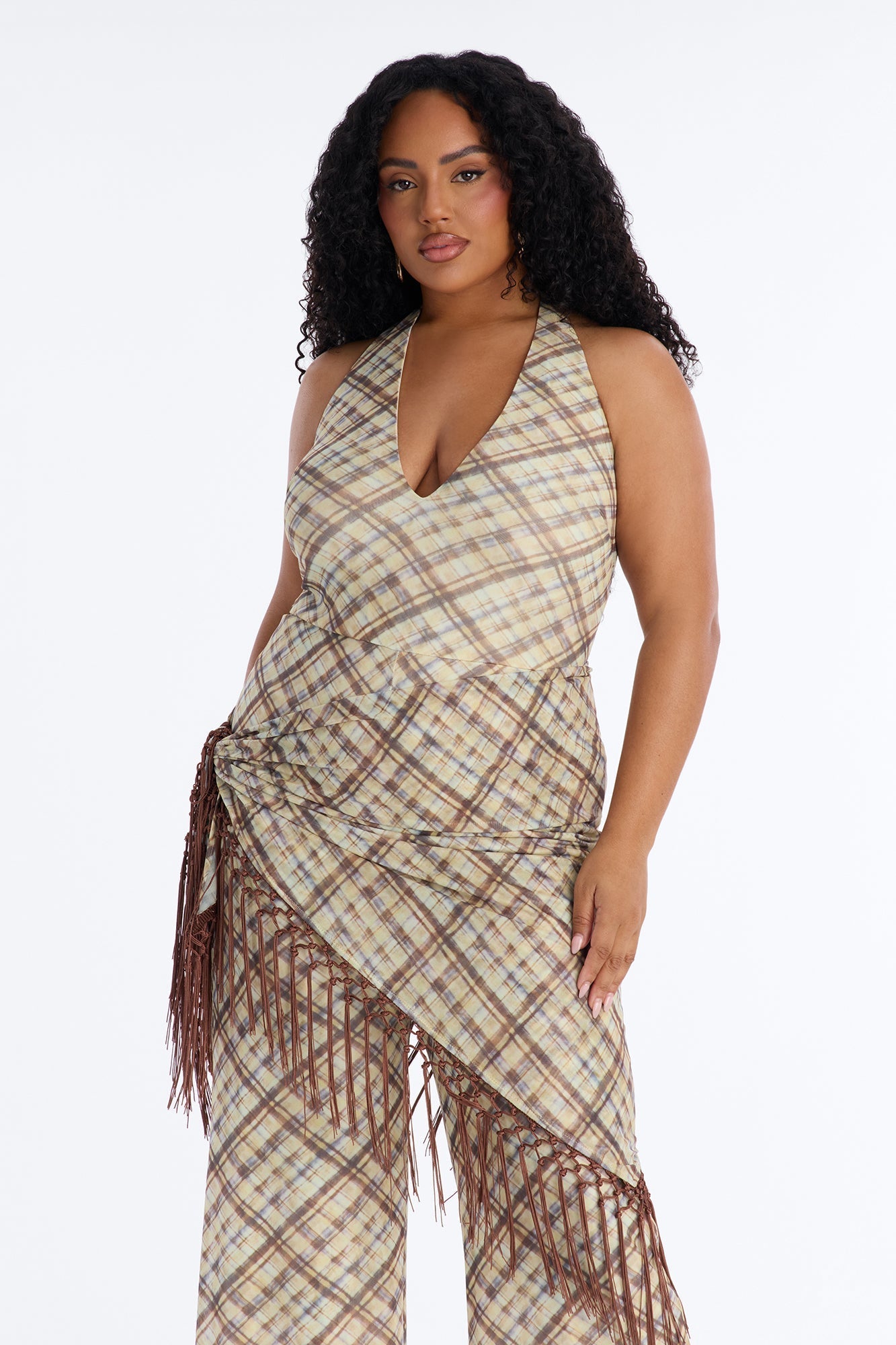 Ava Mesh Plaid Waist Scarf Jumpsuit - Brown Fashion Nova