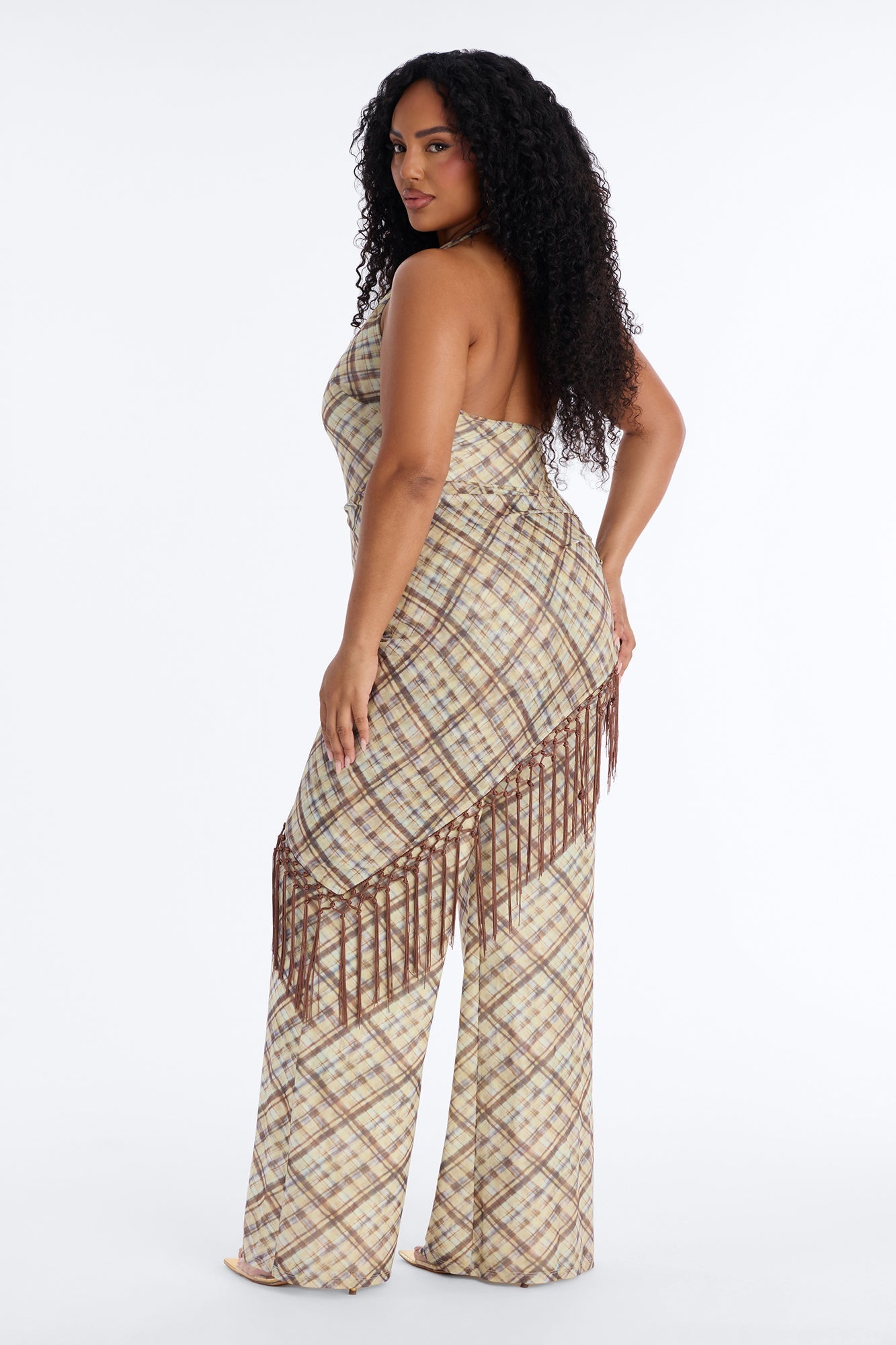 Ava Mesh Plaid Waist Scarf Jumpsuit - Brown Fashion Nova