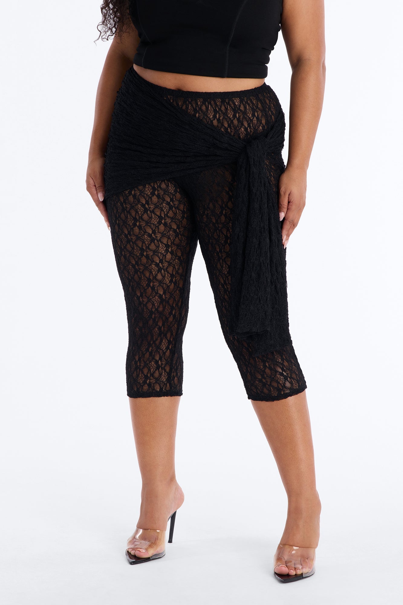 Emory Draped Tie Lace Capri Legging - Black Fashion Nova