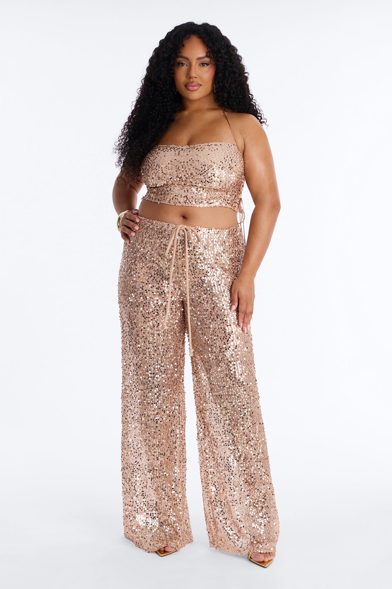 Paige Sequin Crochet Halter Pant Set - Gold
