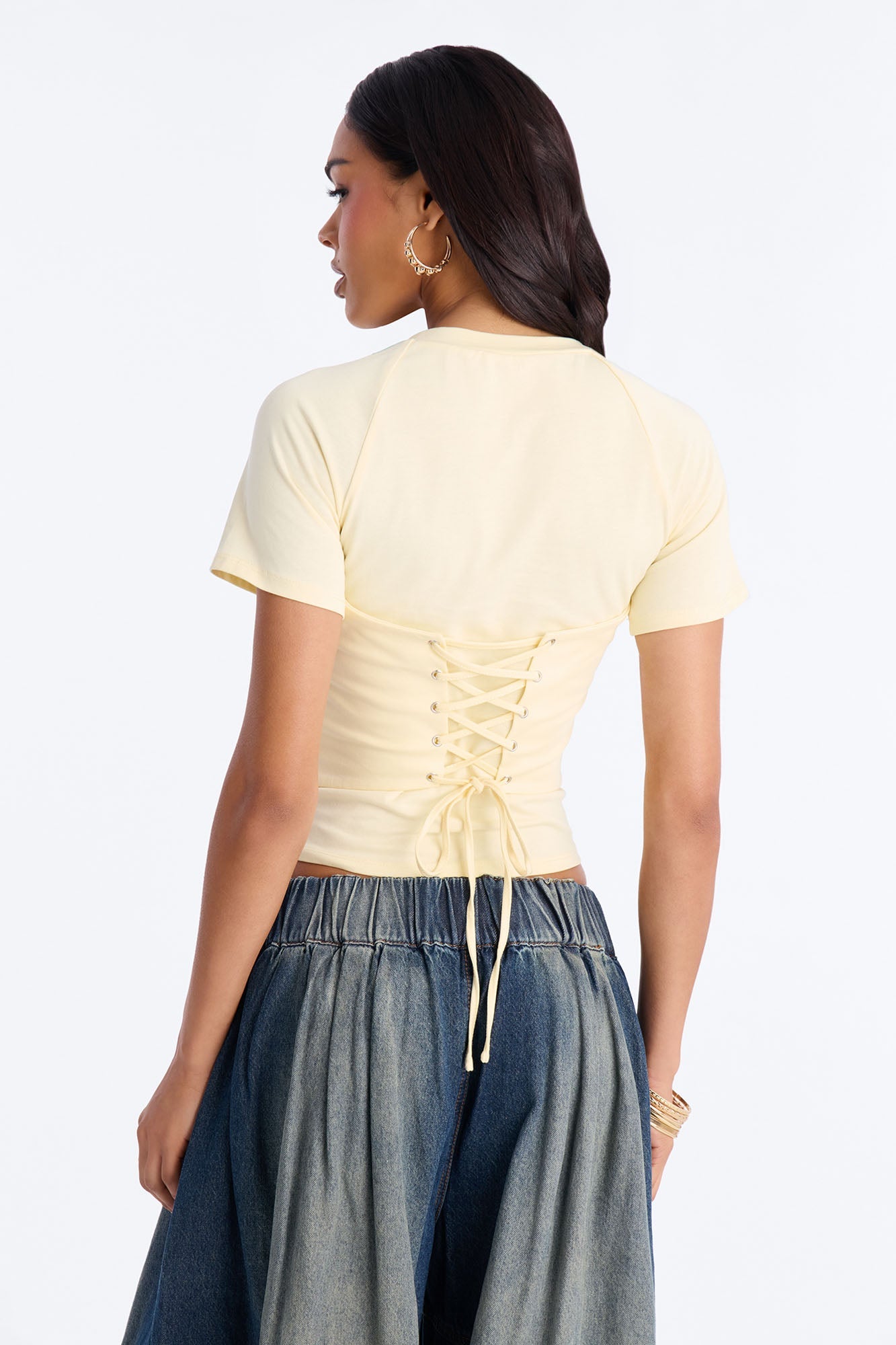 Lowkey Snatched Lace Up Short Sleeve Tee - Butter Yellow