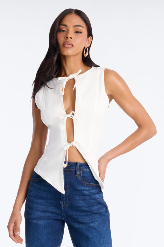 Weekend Glow Strappy Tie Front Denim Top - White