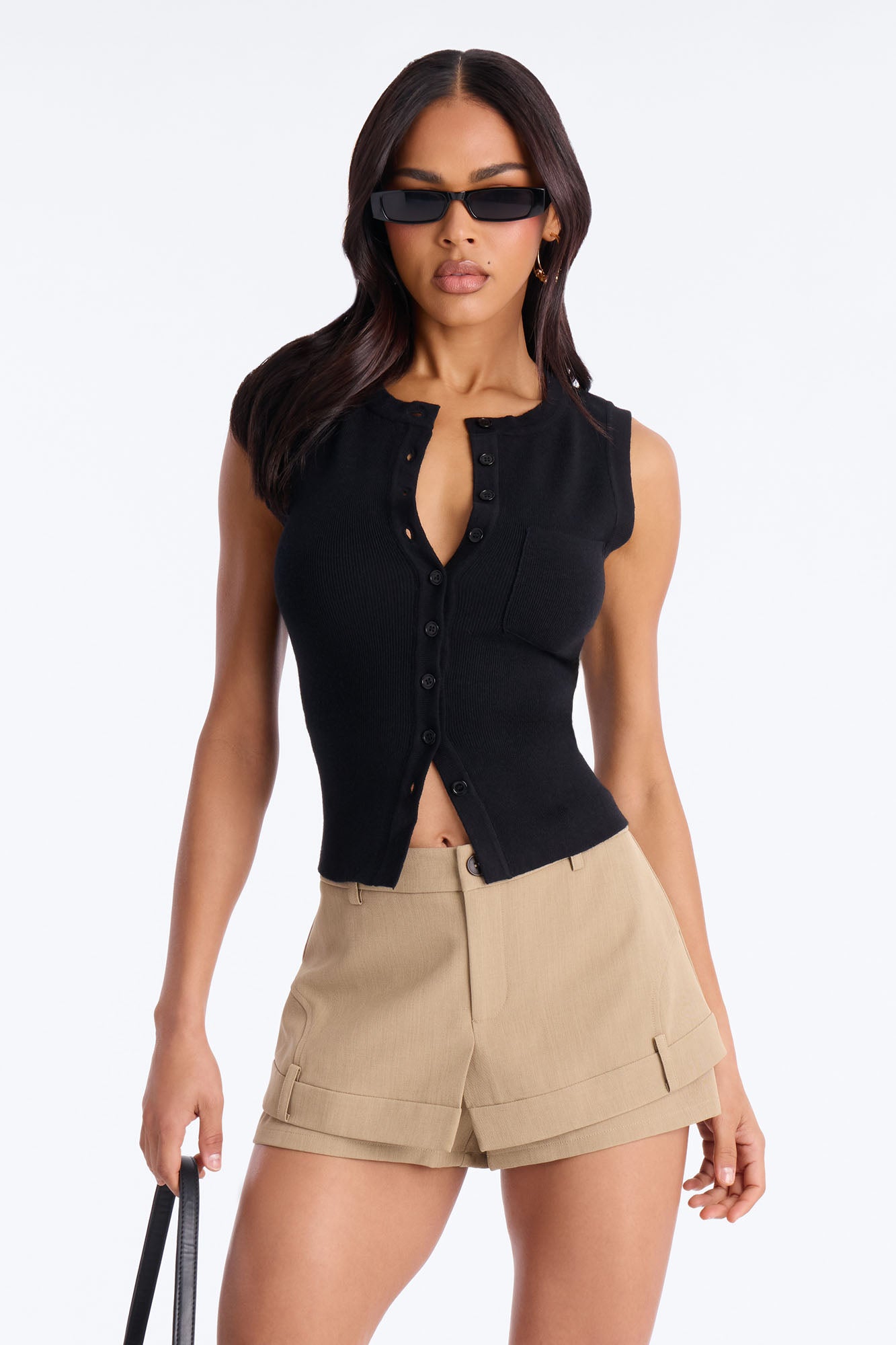 Leona Button Up Sweater Top - Black
