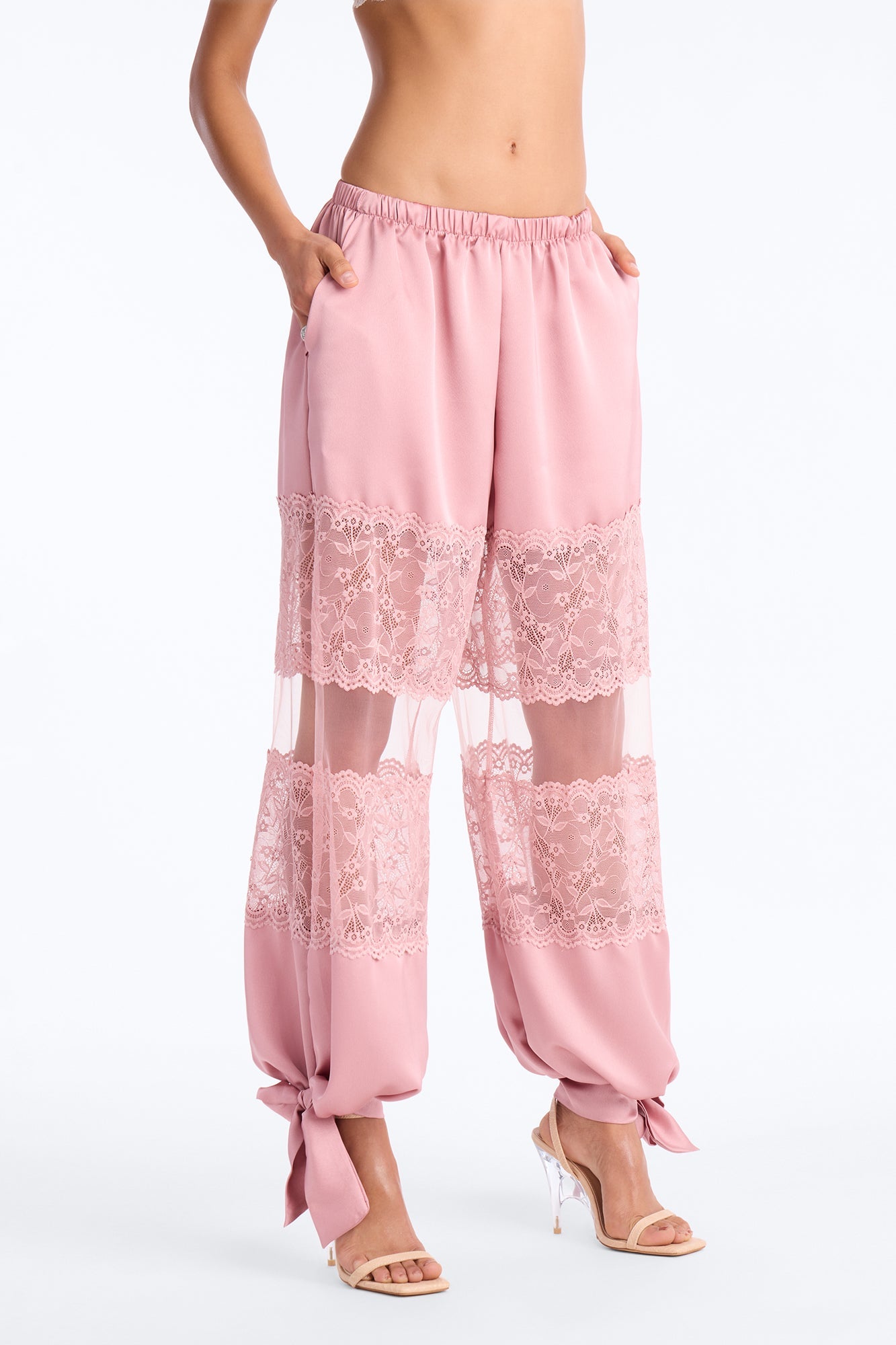 Melissa Satin Brunch Lace Trim Jogger Pant - Light Pink