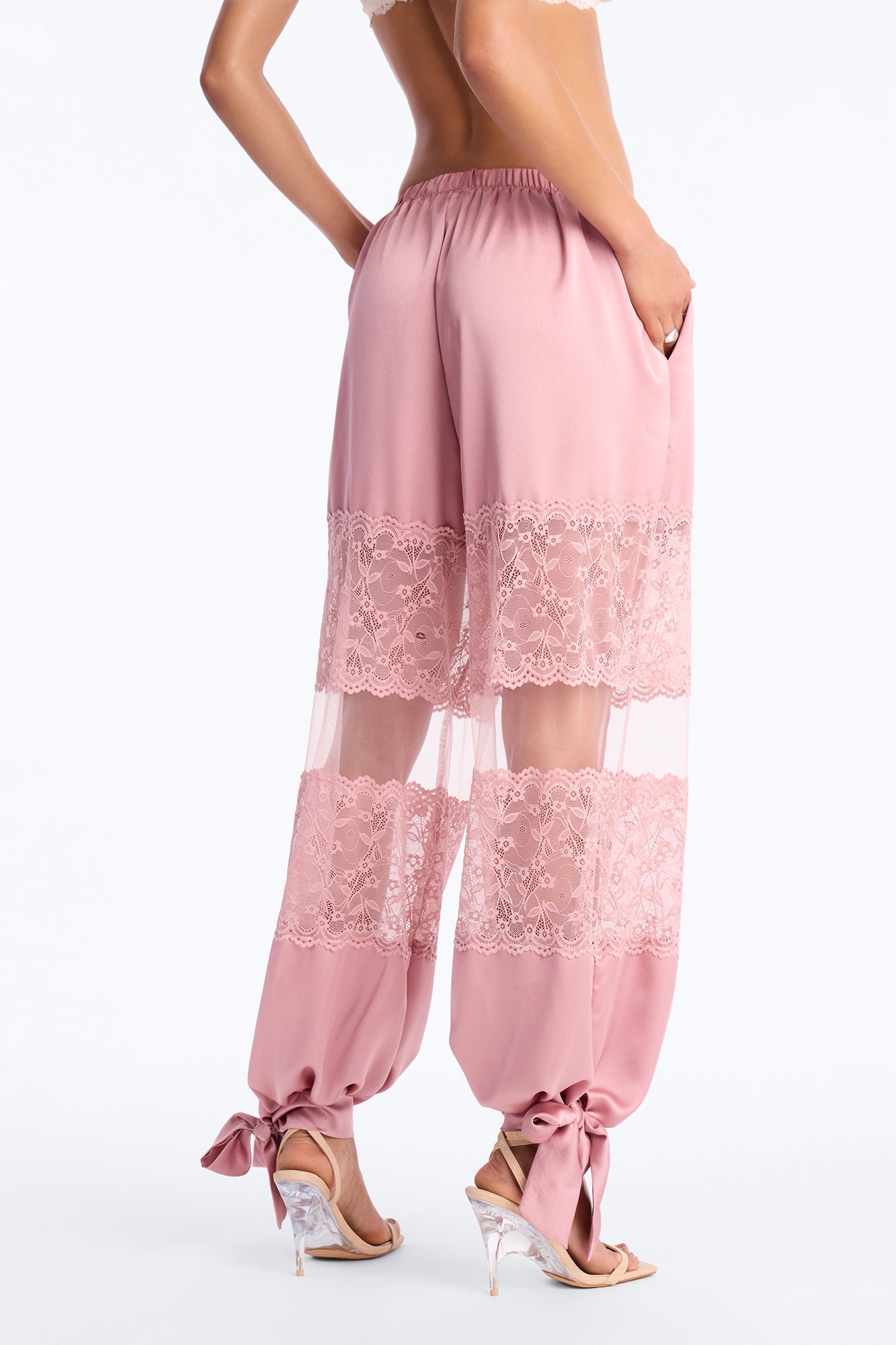 Melissa Satin Brunch Lace Trim Jogger Pant - Light Pink