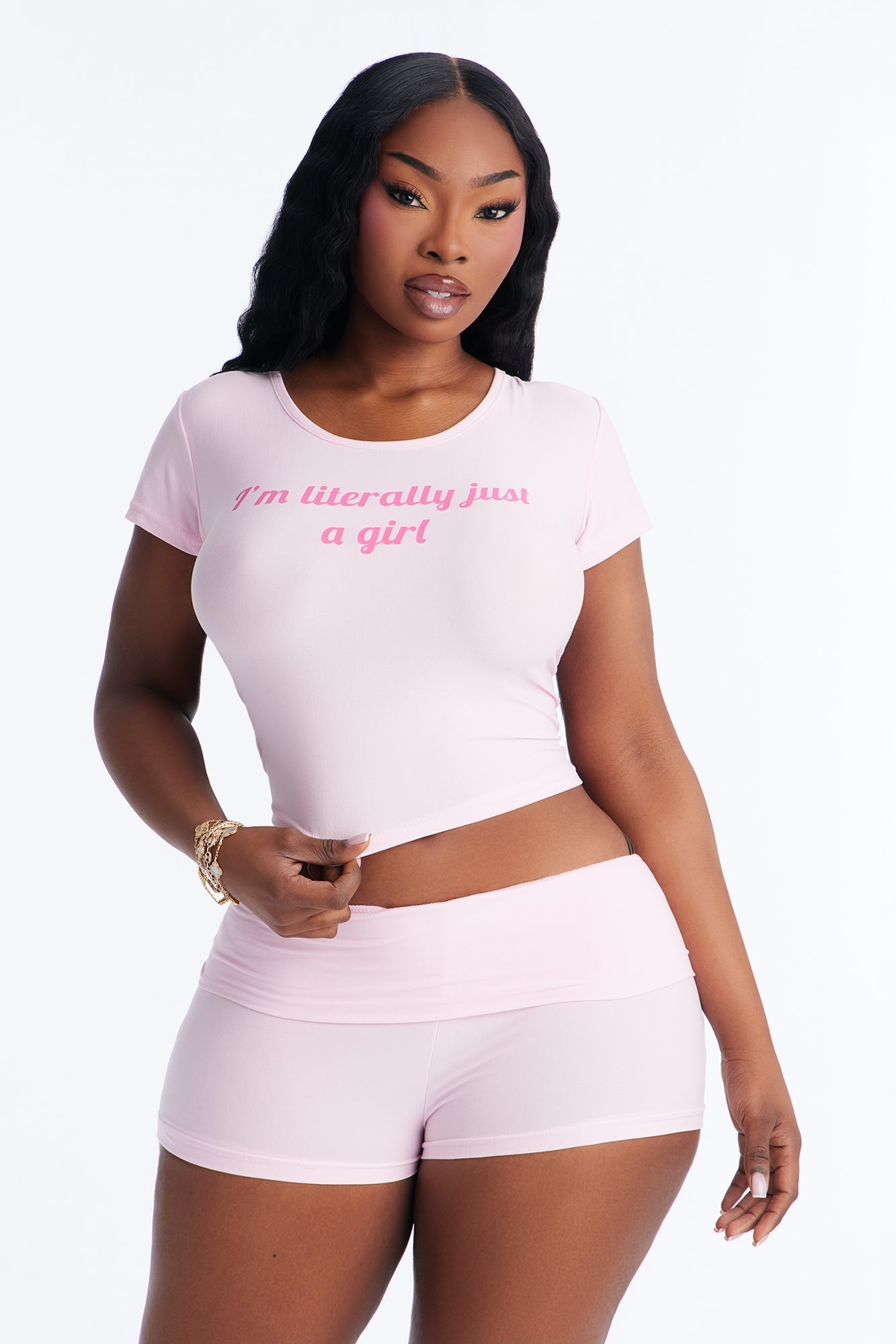 Literally Just A Girl PJ Short Set - Pink/Pink Fashion Nova