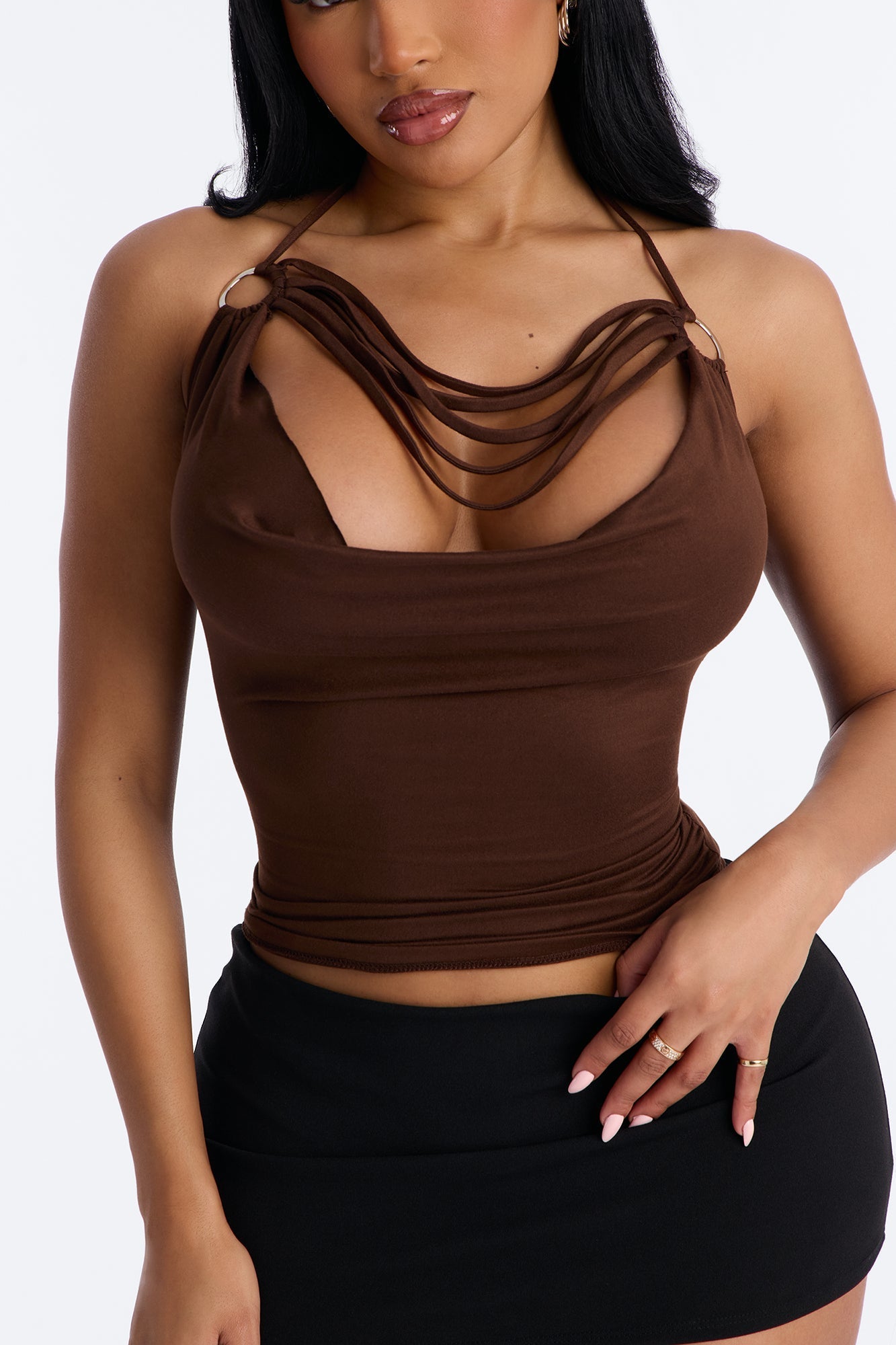 Party All Night Fringe Cowl Neck Halter Top - Chocolate Fashion Nova