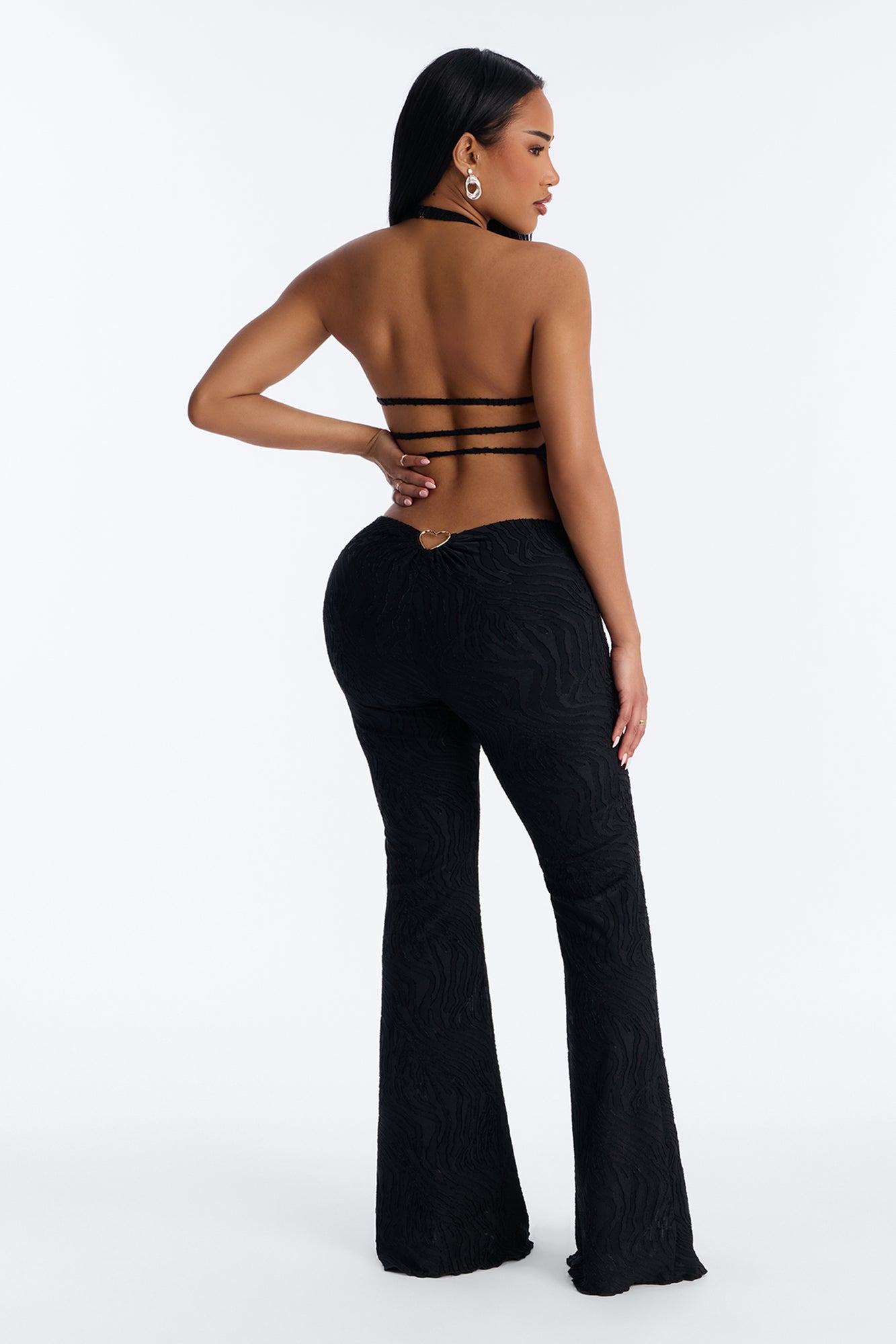 So In Love Textured Halter Flare Pant Set - Black Fashion Nova