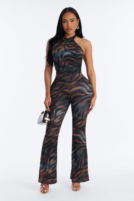 Zea Backless Animal Flare Leg Jumpsuit - Black/combo Fashion Nova