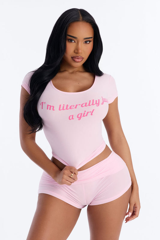 Literally Just A Girl PJ Short Set - Pink/Pink Fashion Nova