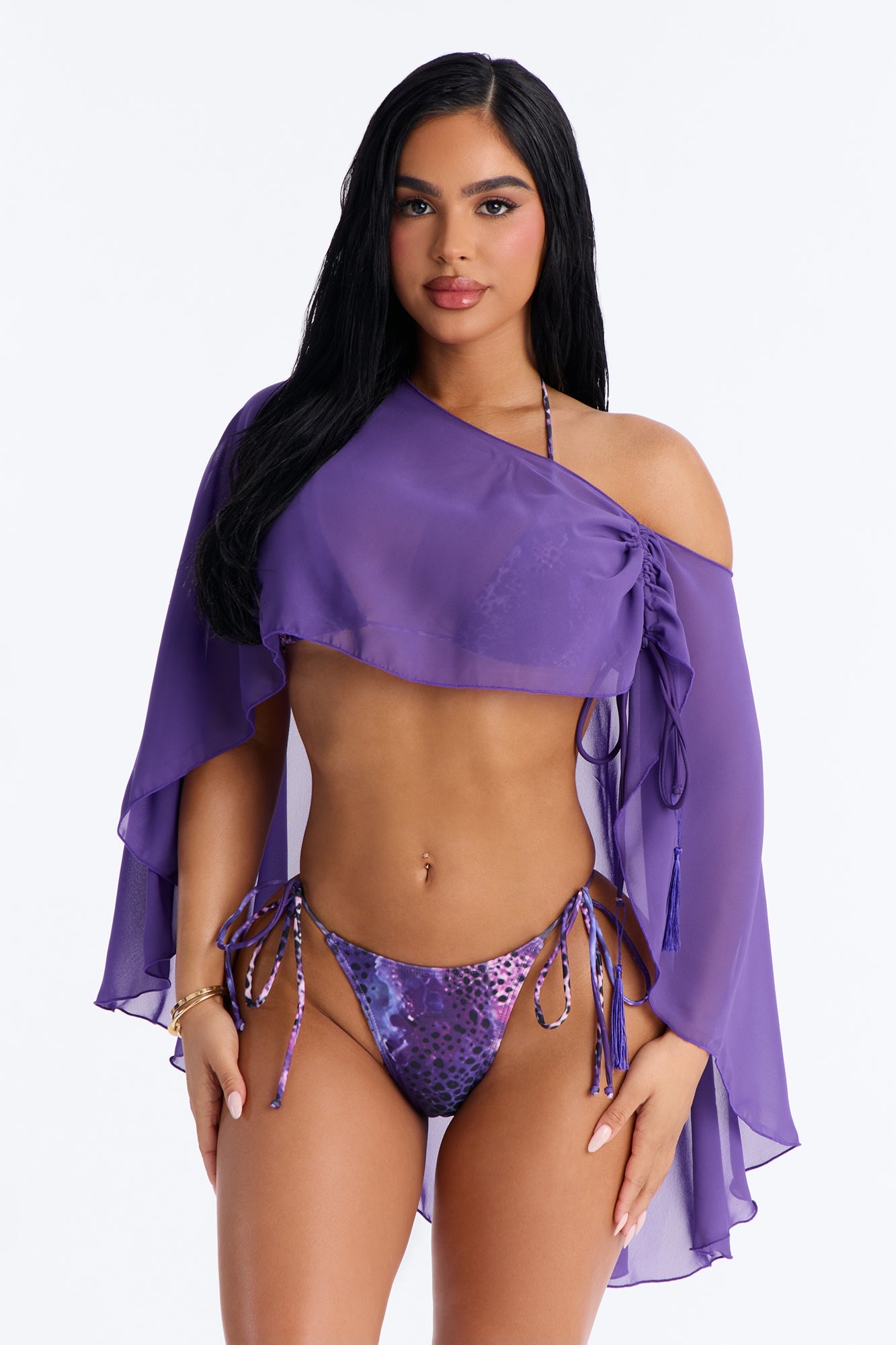 Havana Honey Mesh 3 Piece Bikini Poncho Set - Purple